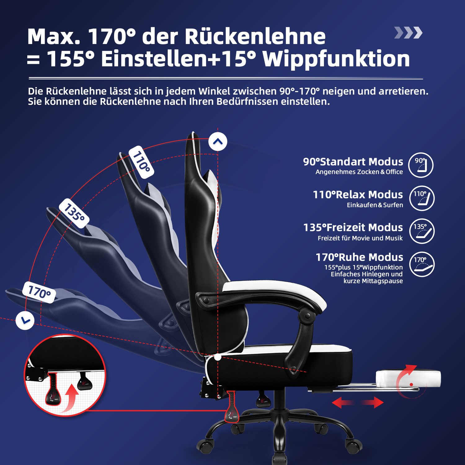 Hiazurm Gaming-Stuhl Gaming Stuhl, Bürostuhl Ergonomisch Wippfunktion bis zu 170° (Gaming Chair mit Fußstütze, 10 cm Höhenverstellung), Verstellbarem Lenden- &  – Bild 4 von 5