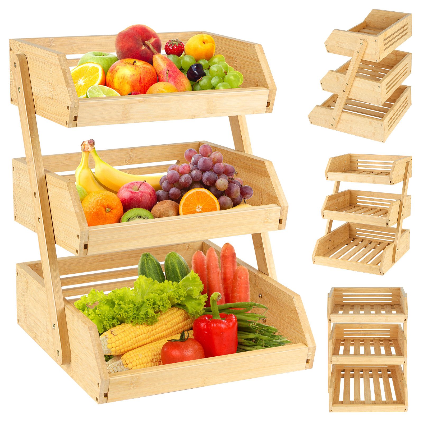 JEOBEST Obstschale Obstkorb Brotkorb mit 3 Etagen, (1-tlg, Bambus) Servierkorb,Snack-Ausstellungsständer