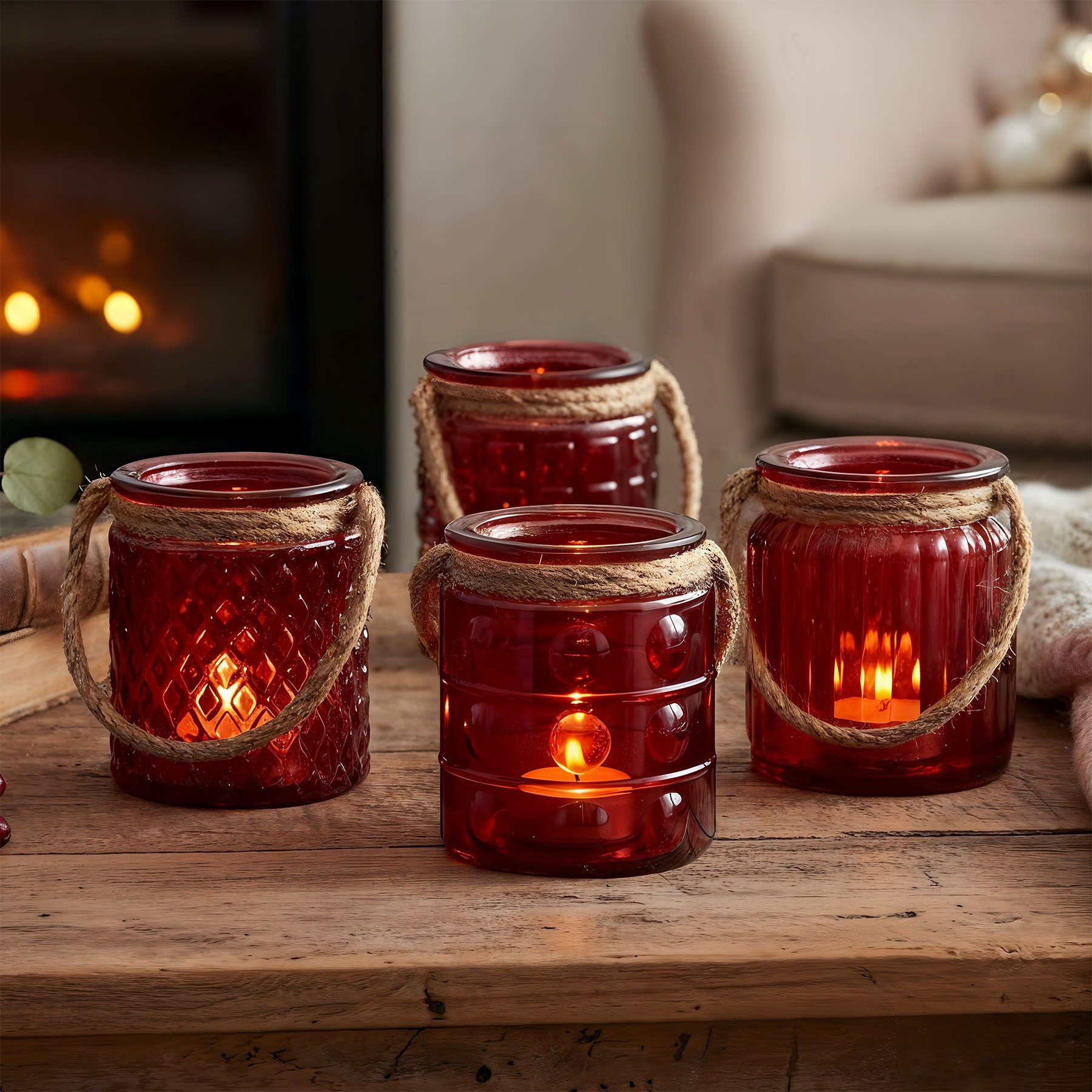 Levandeo® Teelichthalter, 4er Set Windlicht Glas Rot H10cm Bordeaux Teelichthalter Tischdeko