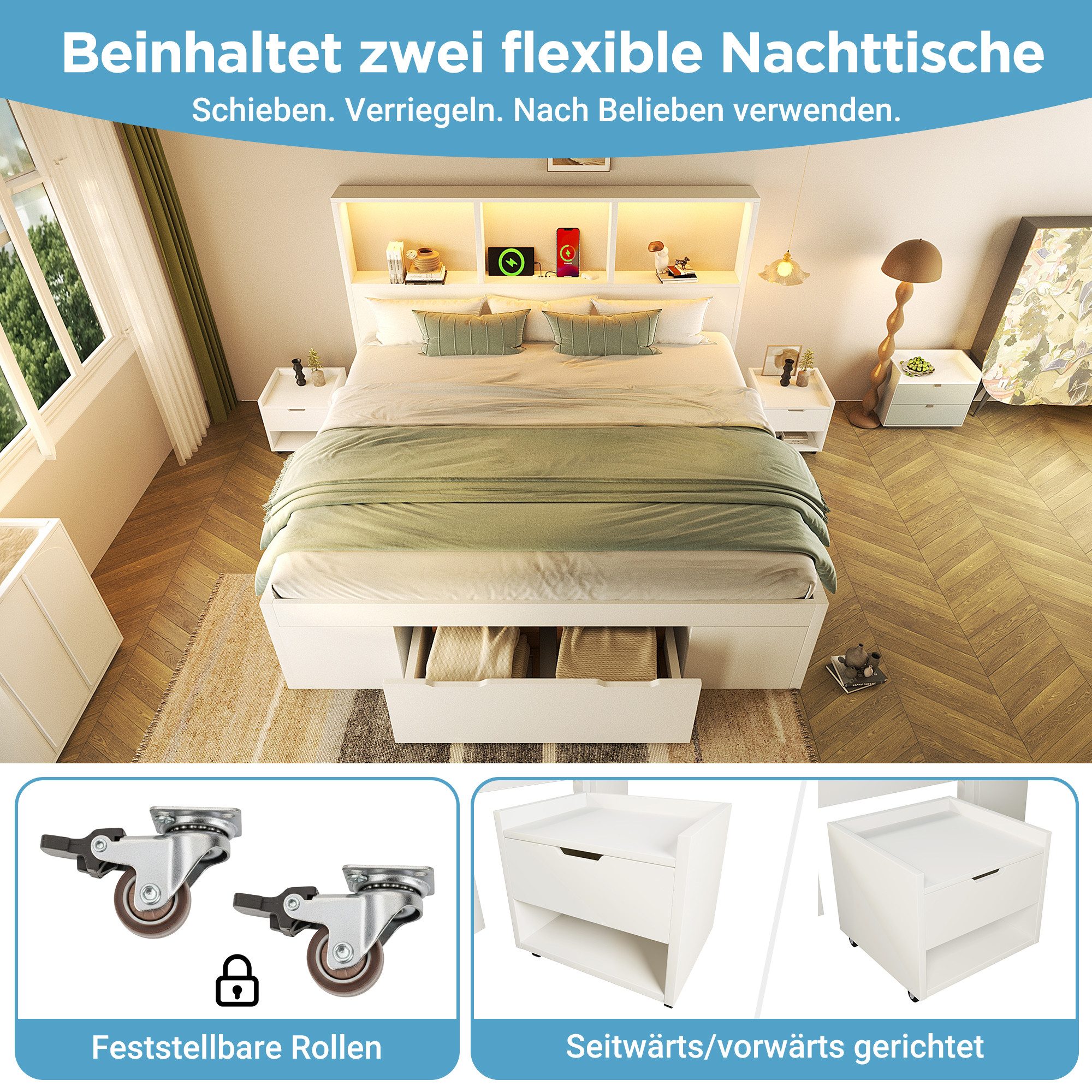 Celya Bett Funktionsbett Doppelbett 140x200 cm mit LED Beleuchtung und Stauraum (ohne Matratze, mit USB Type-C Ladefunktion, Schublade, Regalen), mit 2 beweglichen Nachttischen
