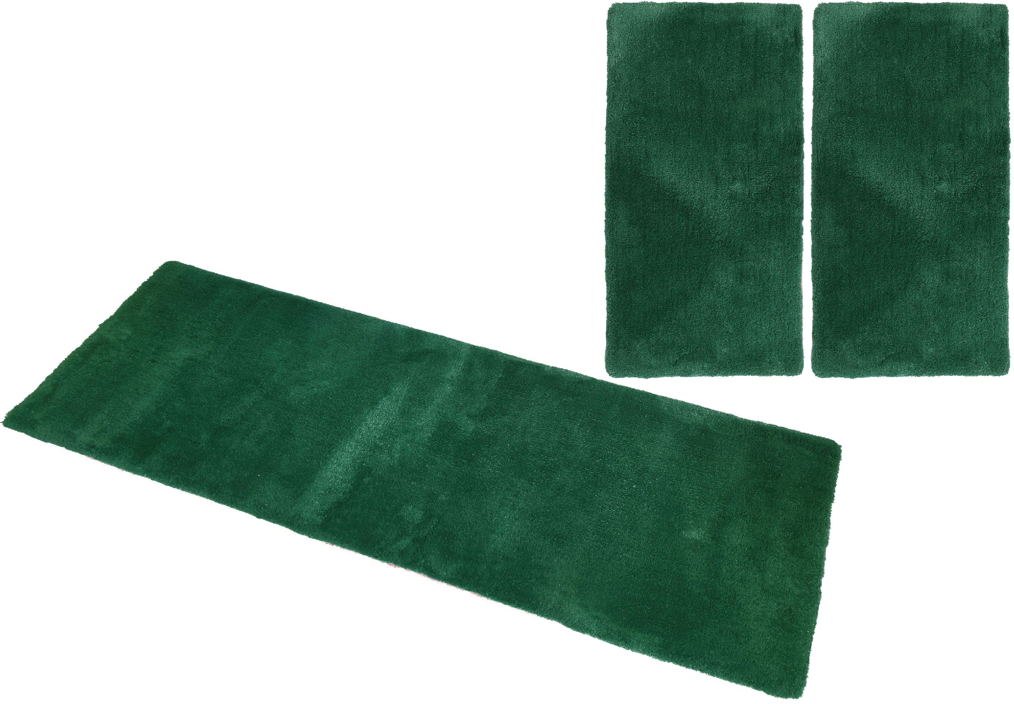 Hochflor-Bettumrandung Microfaser Teppich Magong my home, Höhe 32 mm, (3-tlg), besonders weich durch Mikrofaser, einfarbiger Bettvorleger, Läufer-Set dunkelgrün