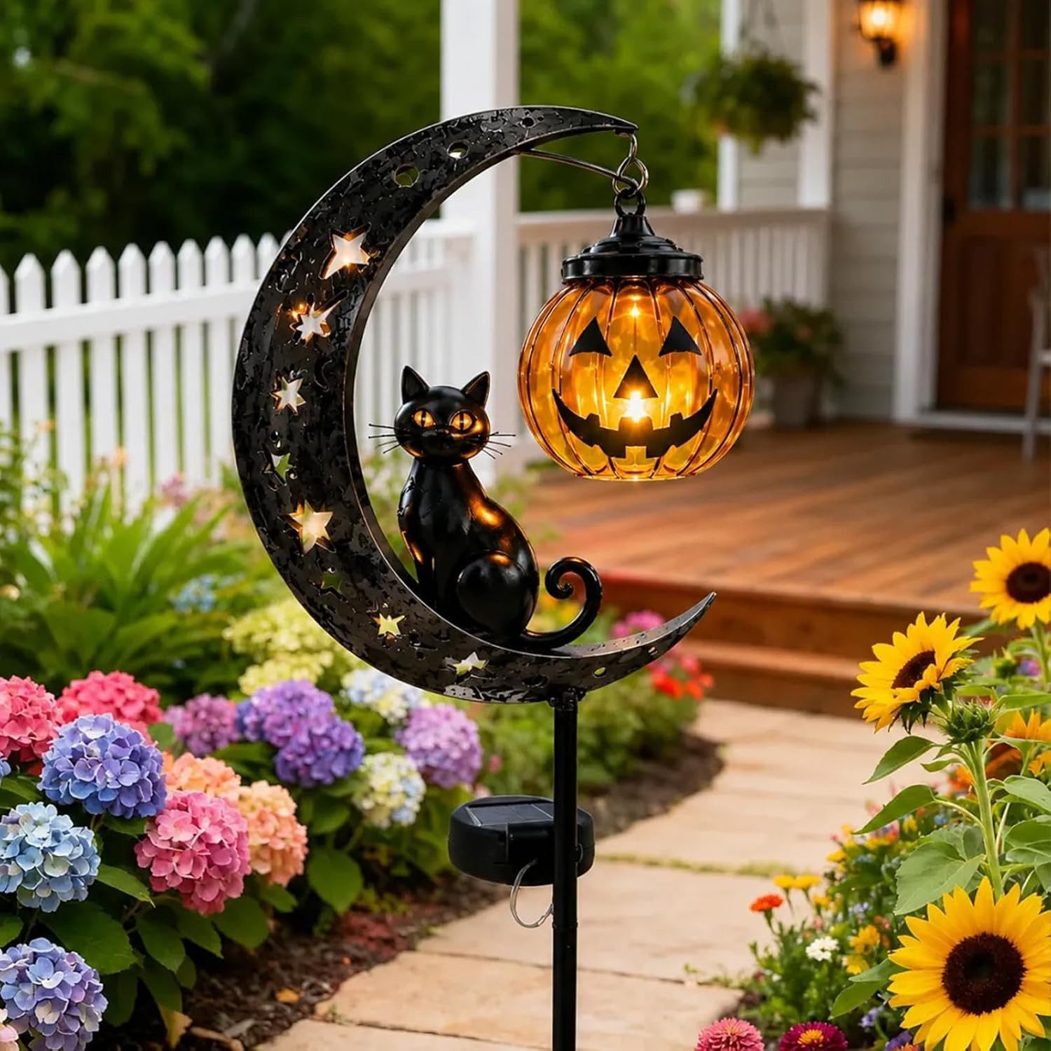Bomiclss Gartenleuchte Solar Halloween-Schwarze Katze & Kürbis-Mond Gartensteckleuchte – Bild 5 von 5