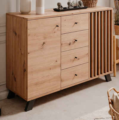 Finori Kommode Madem (Sideboard in Artisan Eiche Dekor, 120 x 85 cm), mit Holzlamellen