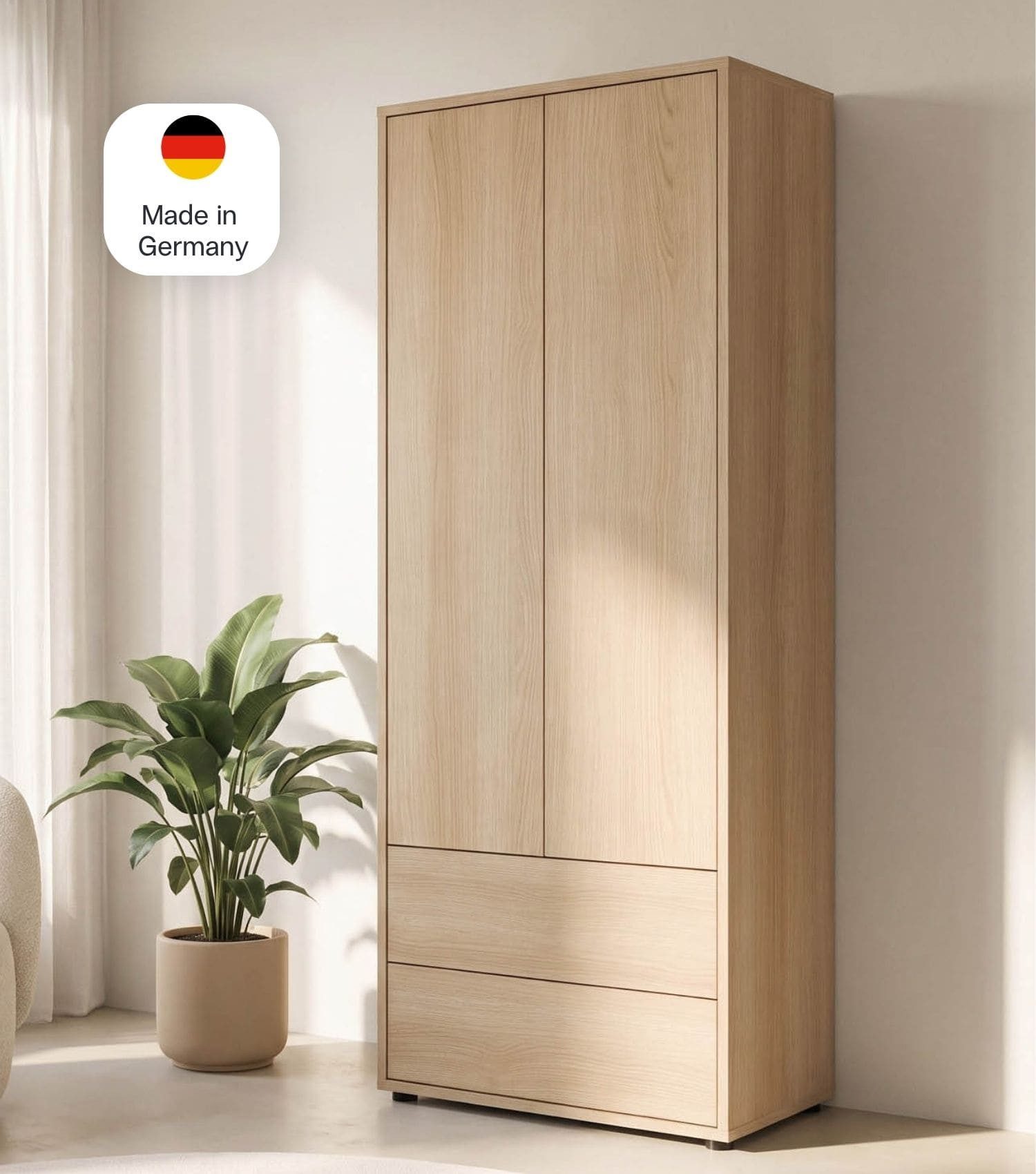 mokebo Mehrzweckschrank 'Peak' Holz Schrank Hochschrank Wohnzimmerschrank Push-to-Open (188x70 cm, Schubladen und Türen) Made in Germany, Hochschrank, Mehrzweckschrank in Eiche
