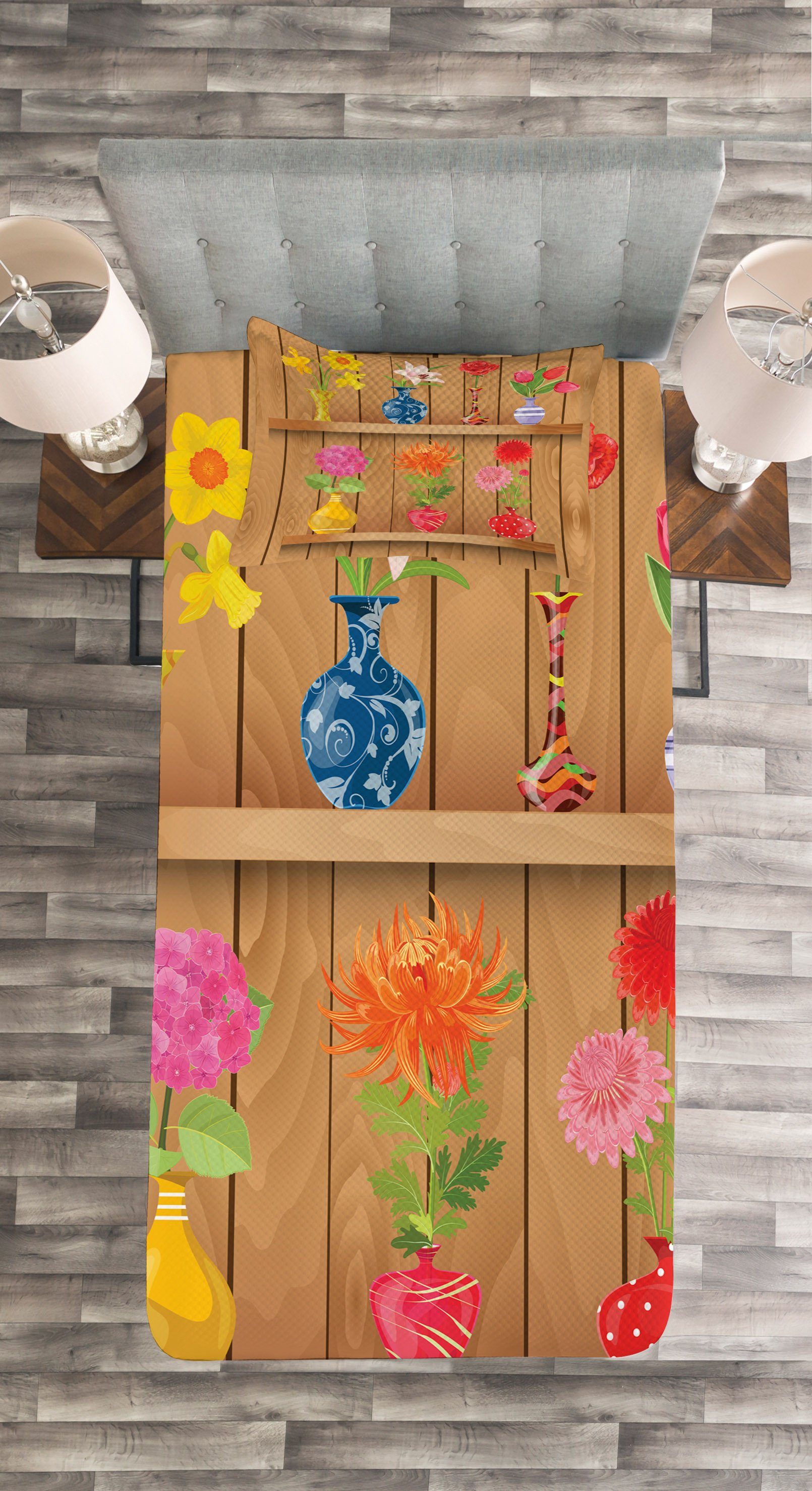 Tagesdecke Set Abakuhaus, in mit Vase Waschbar, Blumen Kissenbezügen Cartoon Blumen
