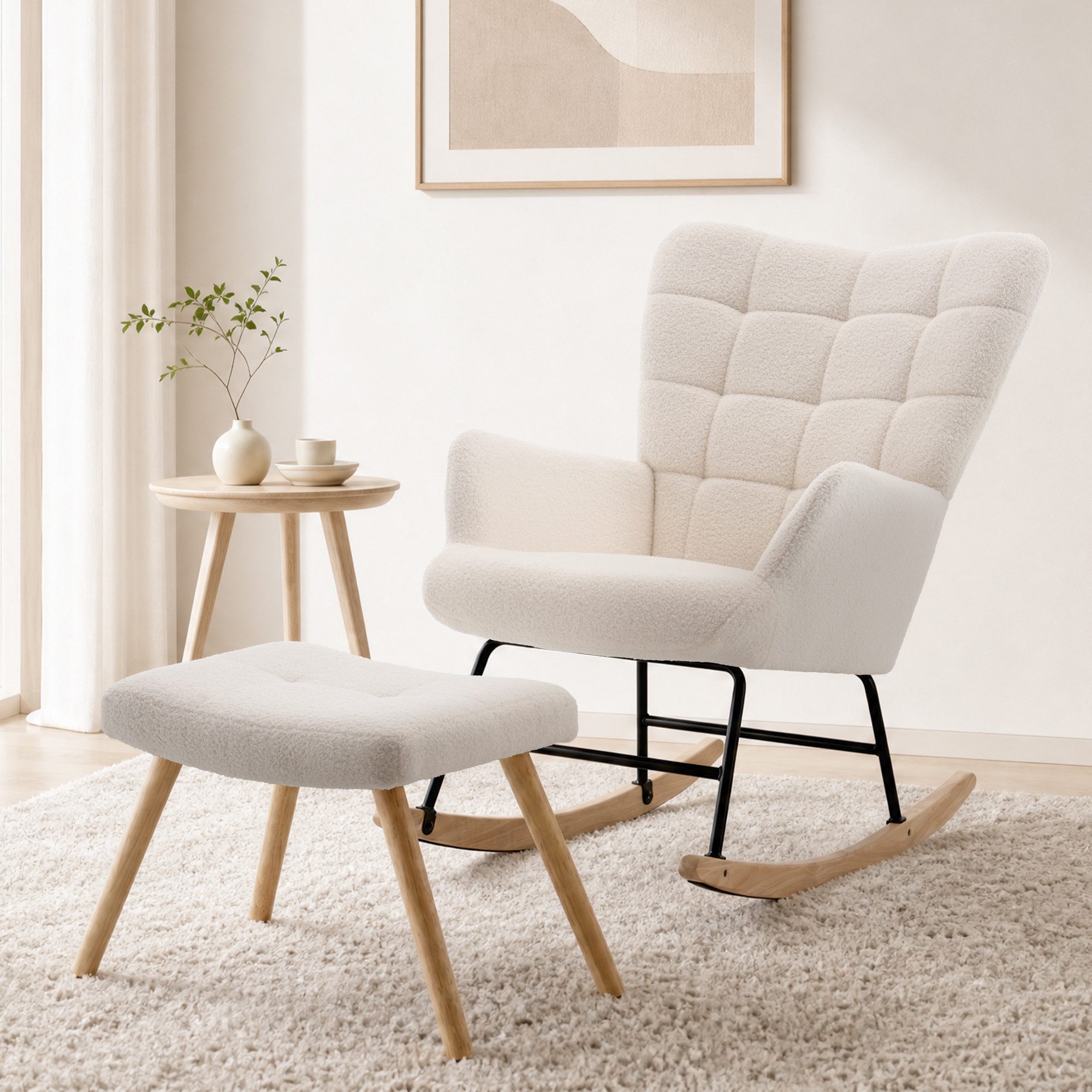 REDOM Schaukelstuhl Design-Ruhesessel – weiche Polster & sanfte Schaukelbewegung (Beige, 68×88×91 cm, für moderne Räume, 1 St), Fußstütze, stabiler Stand, elegante Optik