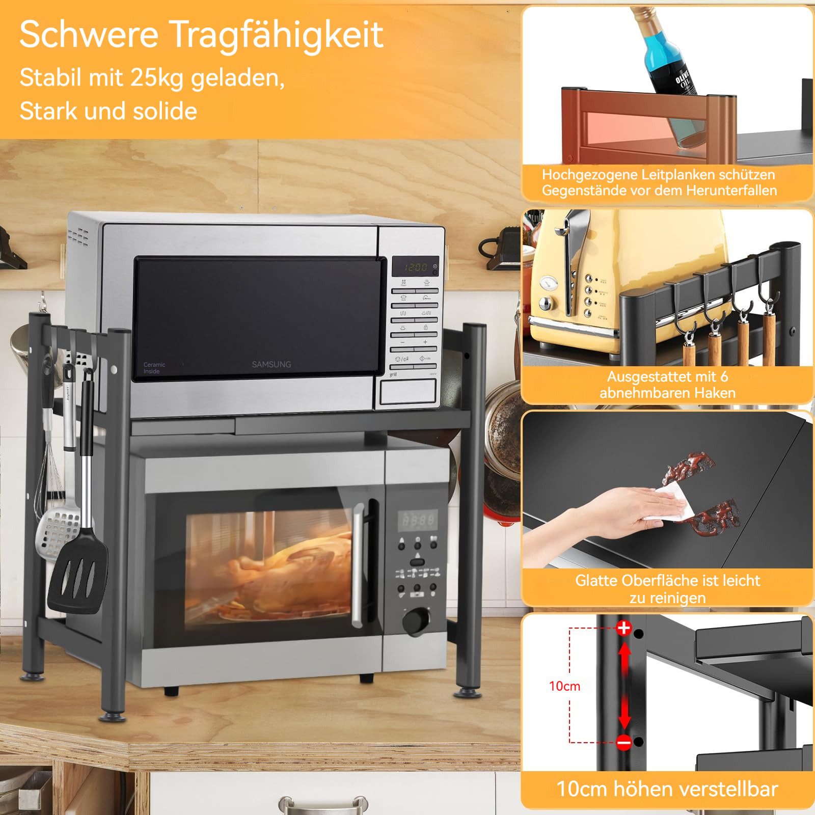 PFCTART Küchenregal Verstellbares Mikrowellenregal aus Karbonstahl, 2-stufiges Mikrowellenregal für die Küche, schwarz 1-tlg., Küchenregal mit 6 Haken, 40–64 cm – Bild 4 von 5