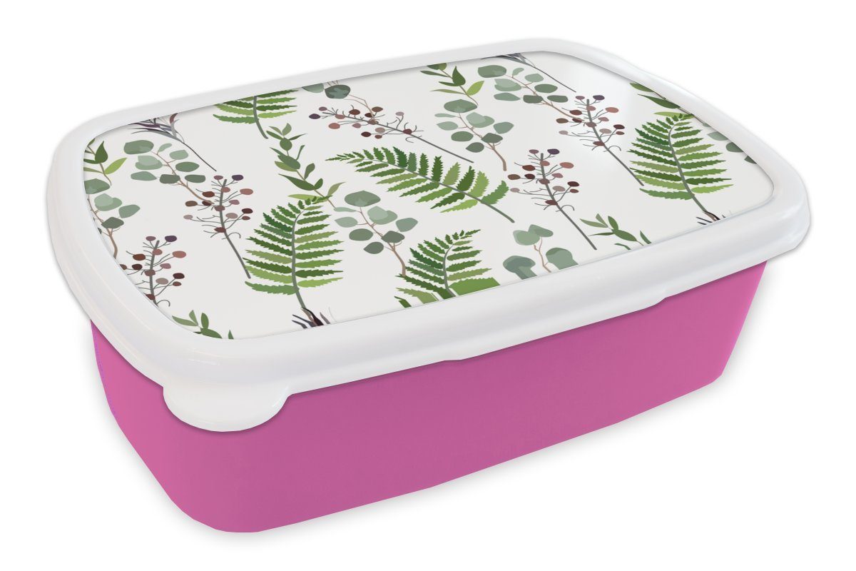 MuchoWow Lunchbox Pflanzen - Muster - Blätter - Kräuter, Kunststoff, (2-tlg), Brotbox für Erwachsene, Brotdose Kinder, Snackbox, Mädchen, Kunststoff rosa