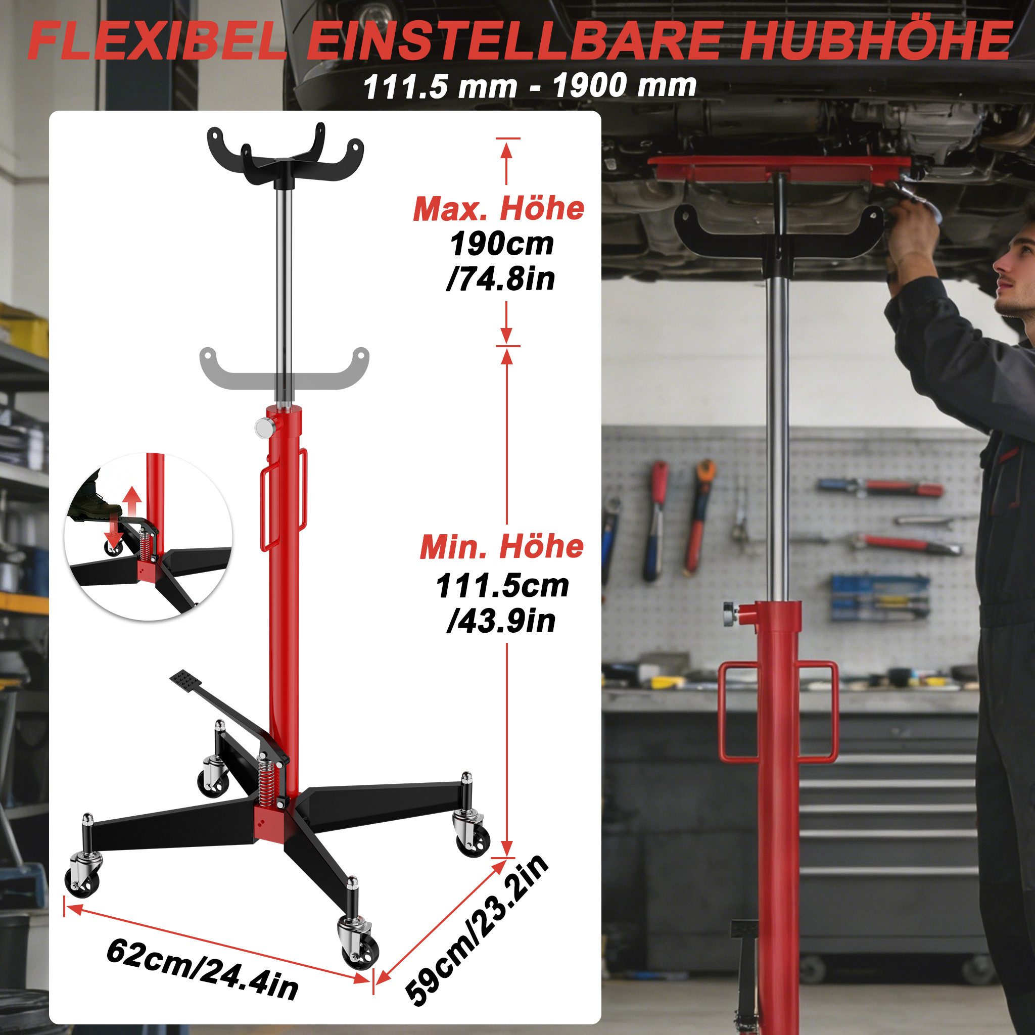FIVMEN Getriebeheber Motorständer Mobiler Motorheber 100-190 cm Hubhöhe Motorenheber, Motorblockhydraulik Faulenzer Heber mit 4 kugelgelagerte Lenkrollen