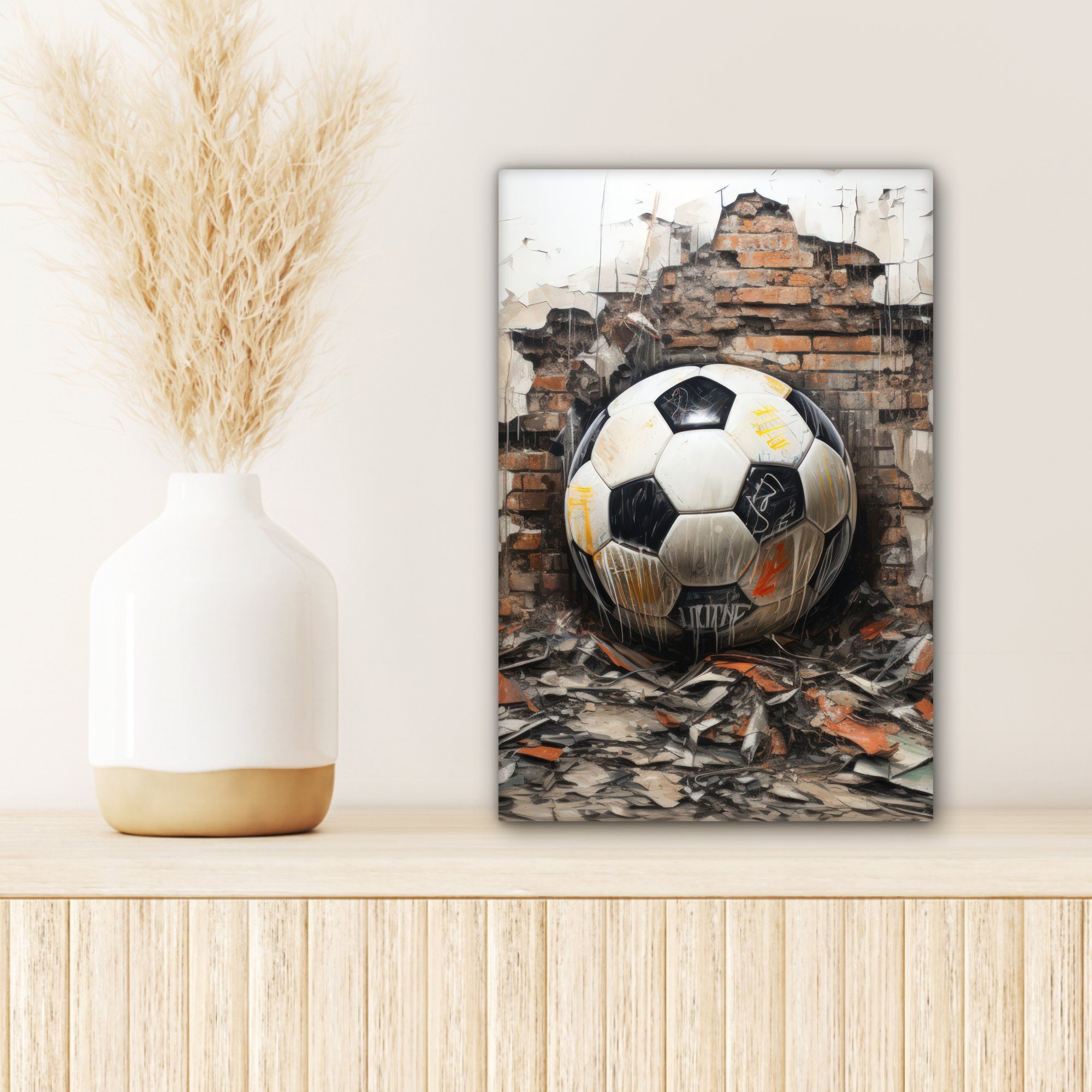 Zackenaufhänger, St), Wand fertig - Leinwandbild Gemälde, Leinwandbild - Weiß, inkl. OneMillionCanvasses® Fußball - Schwarz 20x30 bespannt cm (1