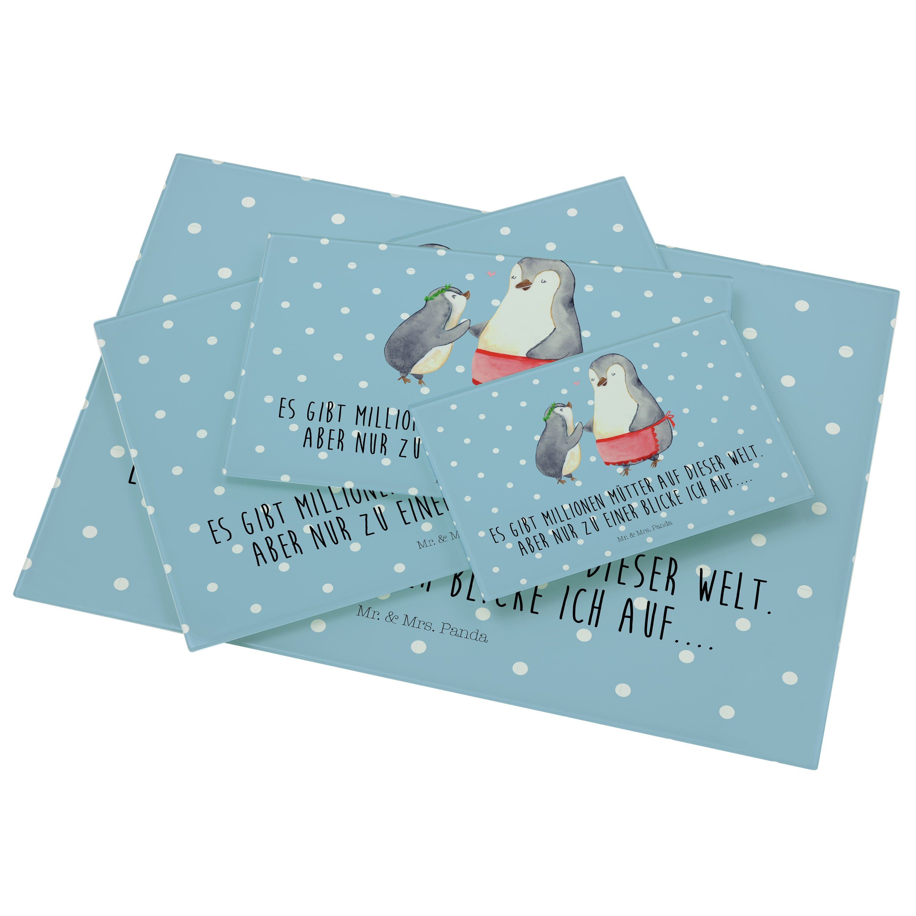 Kind Mrs. Premium Pinguin Blau Glas, Panda - mit (1-St) Familie, Geschenk, Servierbrett & Pastell - Mr. Schwester, Papa,