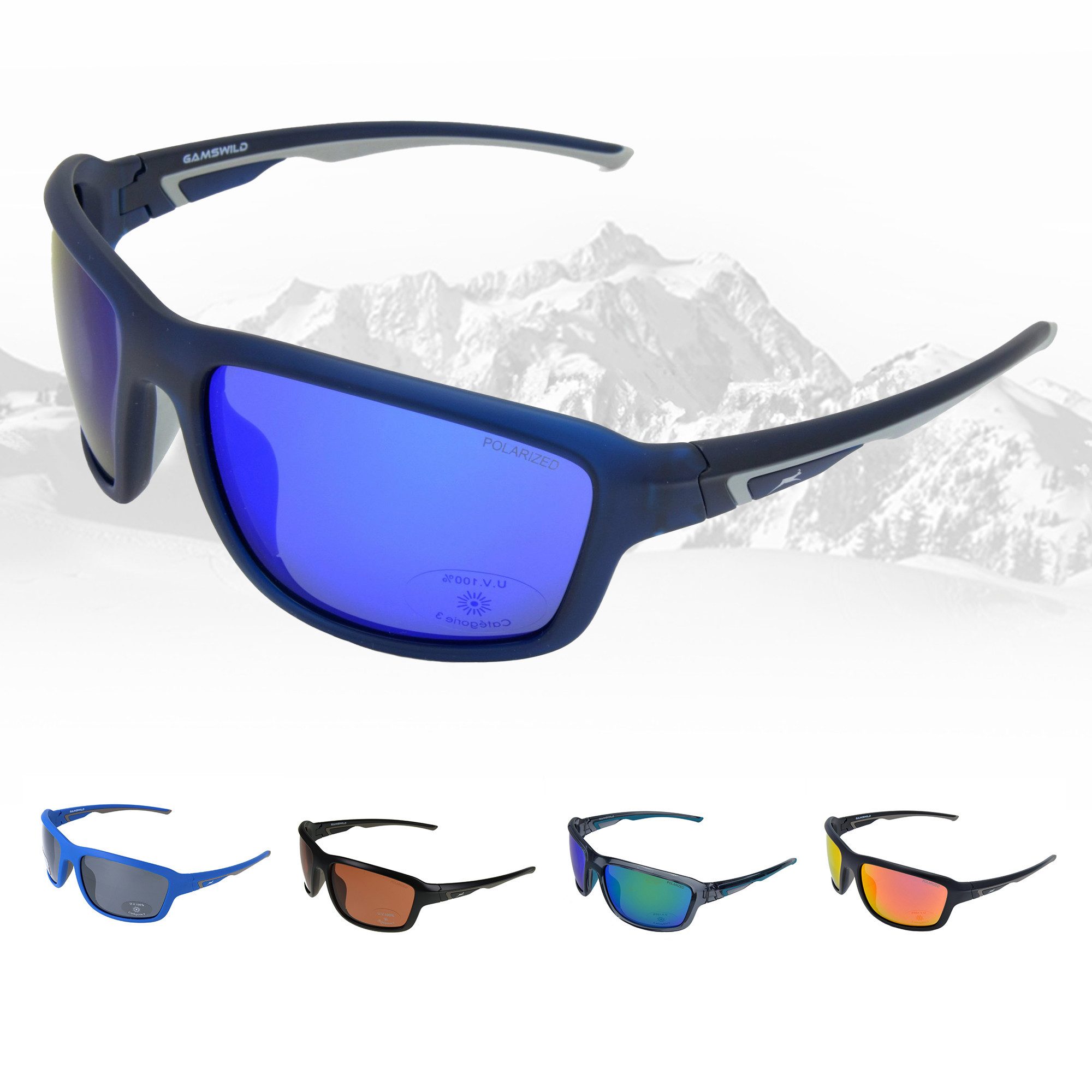 Gamswild Sportbrille UV400 Sonnenbrille Skibrille Fahrradbrille TR90 Damen Herren, Modell WS7536 blau, blau-grau, grün-türkis, pink-orange, schwarz-braun