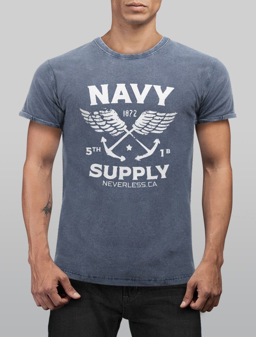 Neverless Print Shirt Fit blau Supply mit Vintage Used Printshirt T-Shirt Look Navy Print-Shirt Herren Neverless® Anker Slim