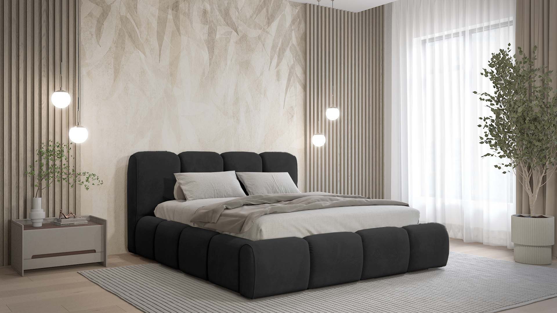 Goldstoff Polsterbett BELTANE - Rahmenbettgestell, mit Bettkasten und Lattenrost, Doppelbett (Design Bett), Inkl. Bettkasten, mit gepolstertem Kopfteil