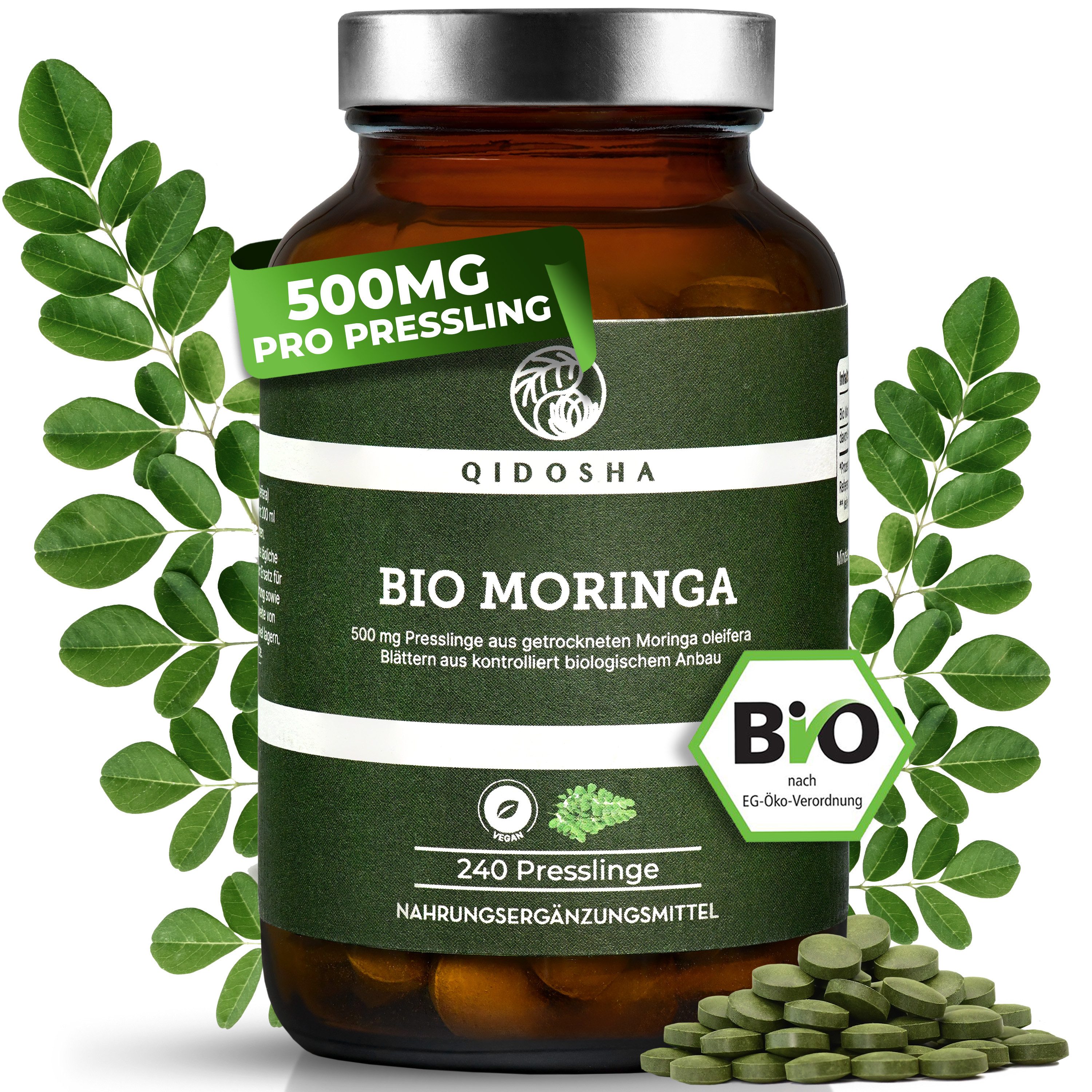 QIDOSHA Bio Moringa Presslinge 500mg 240 Stk/Glas Presslinge, 100% Moringa-Blätter ohne Zusätze, Füllstoffe oder Konservierungsmittel – Clean Label à 240 St., 120 g, Bio Moringa Kapseln mit 500mg/Stk und 240 Stk/Glas
