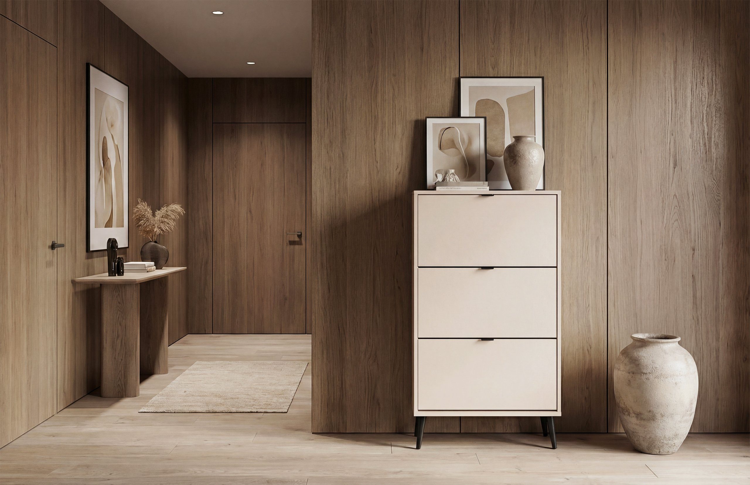 Newroom Schuhschrank Beige 70 cm Schuhkipper schmal mit 3 Klappen für Flur und Diele – Bild 3 von 5