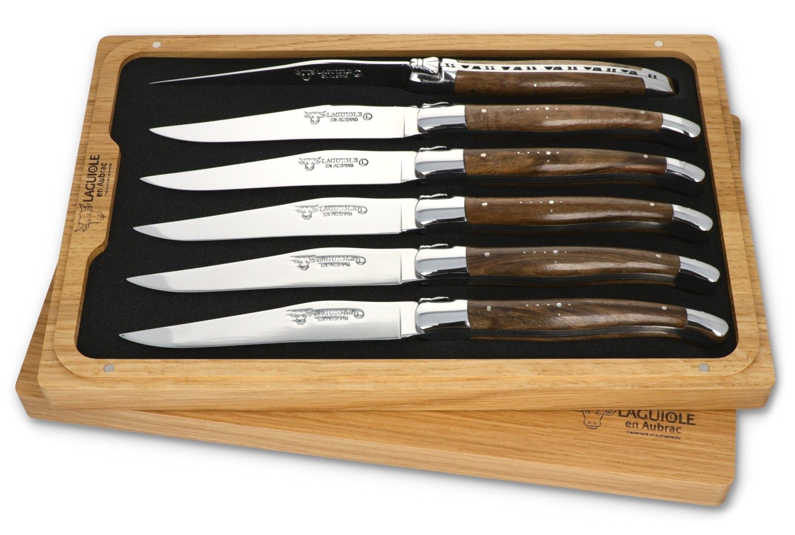 Laguiole en Aubrac Стейк ножи 62C99NOIH BRI 6er Set - Griff Nussbaum - Backen glänzend - Klinge glänzend - Holzbox