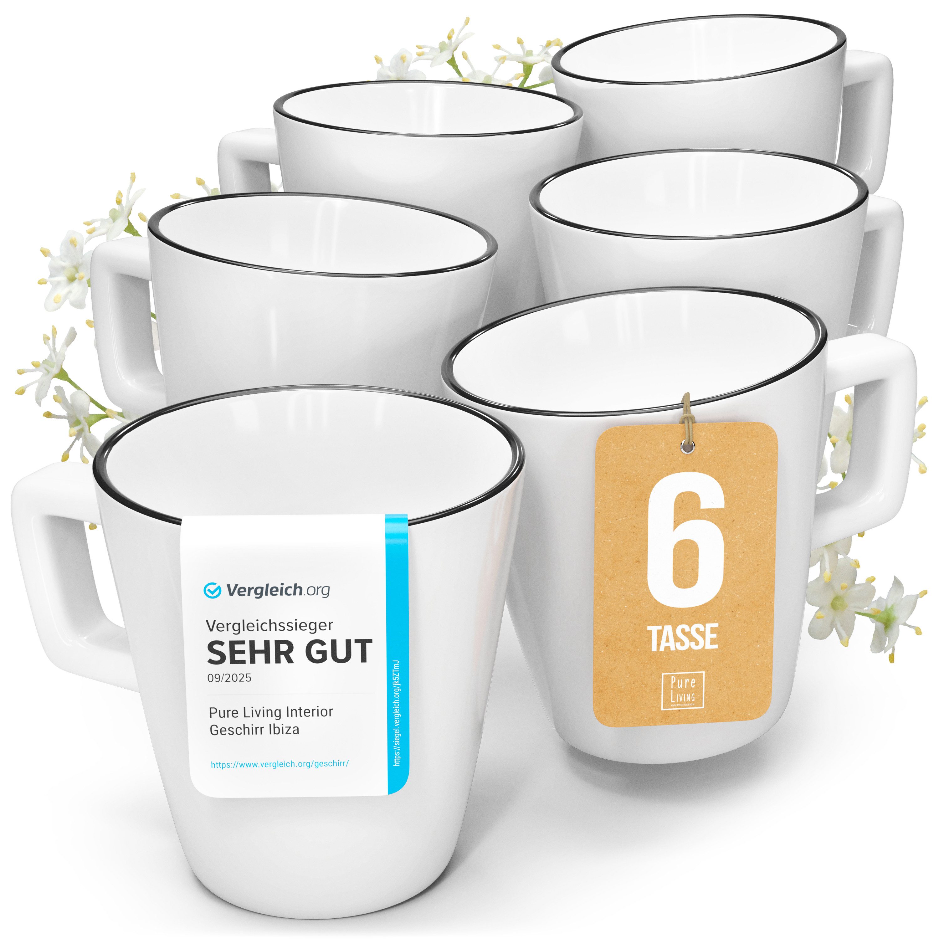 PURE LIVING INTERIOR DESIGN Geschirr-Set Scandi Becher, 6er-Set, 365 ml, Weiß - Schwarzer Rand, Porzellan (6-tlg), 6 Personen, Porzellan