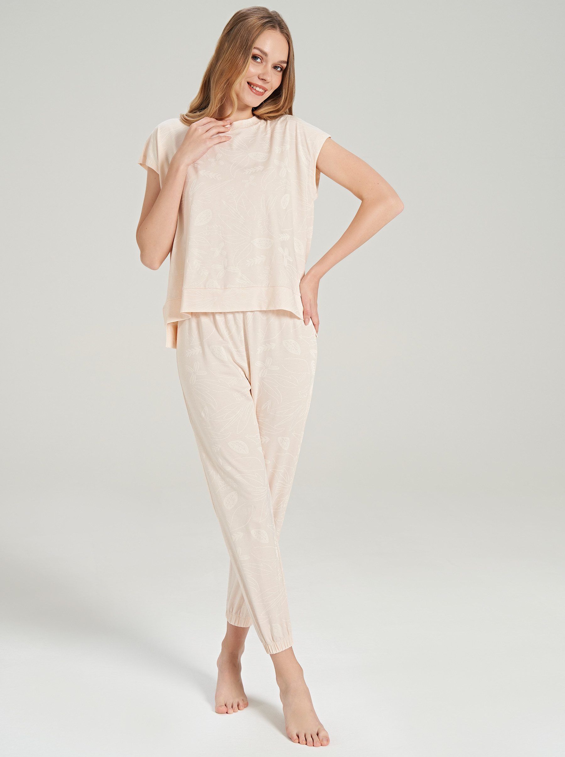 FEYZA Capri-Pyjama Damen Baumwoll-Pyjama-Set mit Blattmuster – 2-teilig, Beige