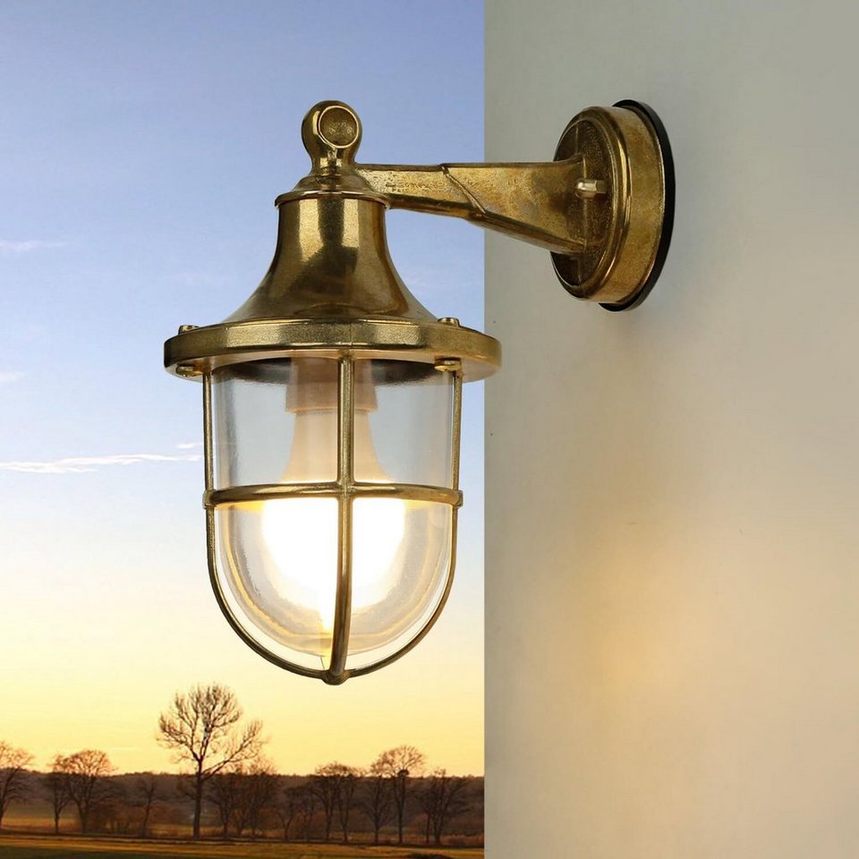 Licht-Erlebnisse Außen-Wandleuchte SANTORIN, ohne Leuchtmittel,  Außenwandlampe echt-Messing IP64 Maritim Lampe