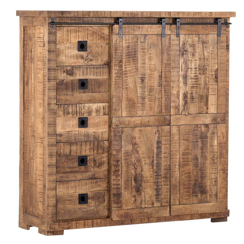 Lomadox Highboard KARLSTAD-123, Wohn-/Esszimmer in Mangoholz natur massiv, B/H/T ca. 145/145/47 cm