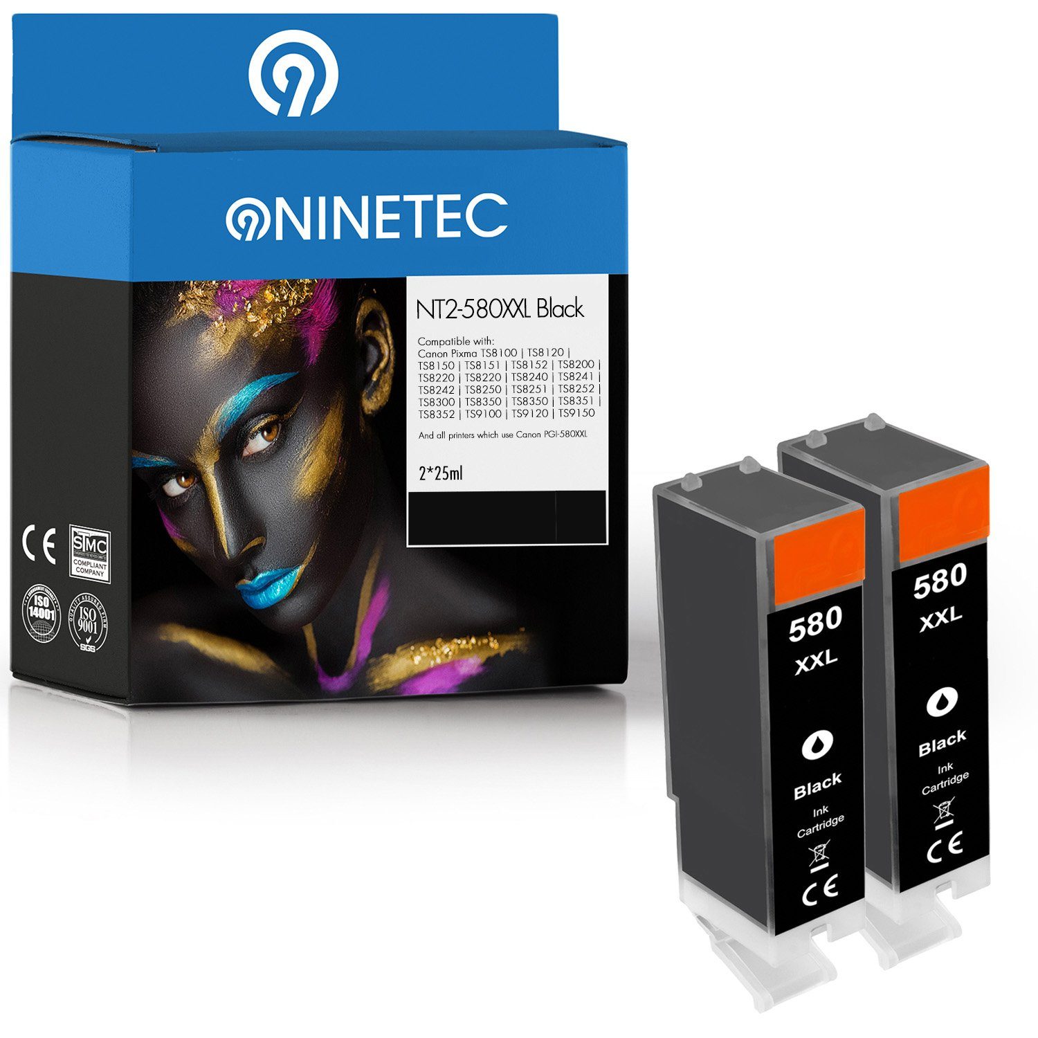 NINETEC 2er Set ersetzt PGI580 Black Tintenpatrone PGI-580 Canon