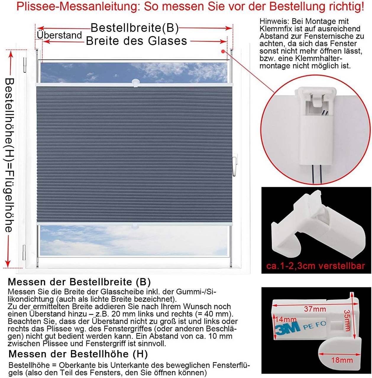 Woltu Plissee, verdunkelnd, verspannt, Klemmfix, Wabenplissees ohne Bohren