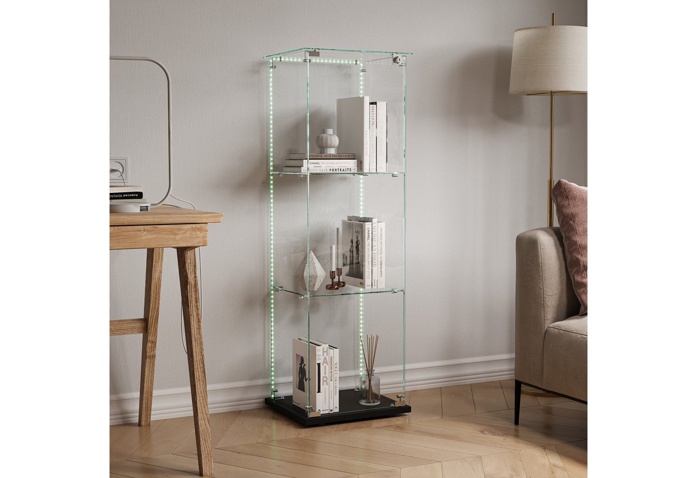 FUROKOY Glasvitrine Standvitrinen, Vitrine aus gehärtetem Glas (Set, 1-St., Vitrinenschrank mit 1 Glastür für Sammler, Bücher) Schwarz 3 Lagen Sammlervitrine