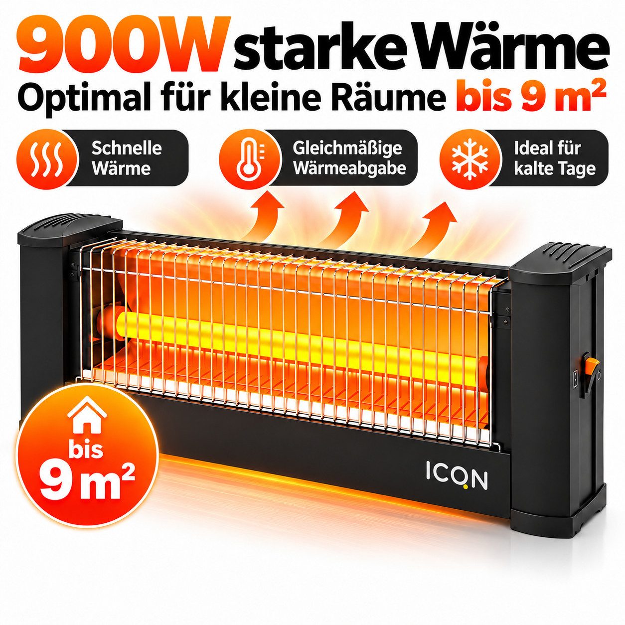 ICQN Heizstrahler Infrarot Standheizstrahler für Büro oder Haus, 135 Zentimeter Kabel, 900 W, Für Räume bis 9m², IP20, Elektroheizung, …