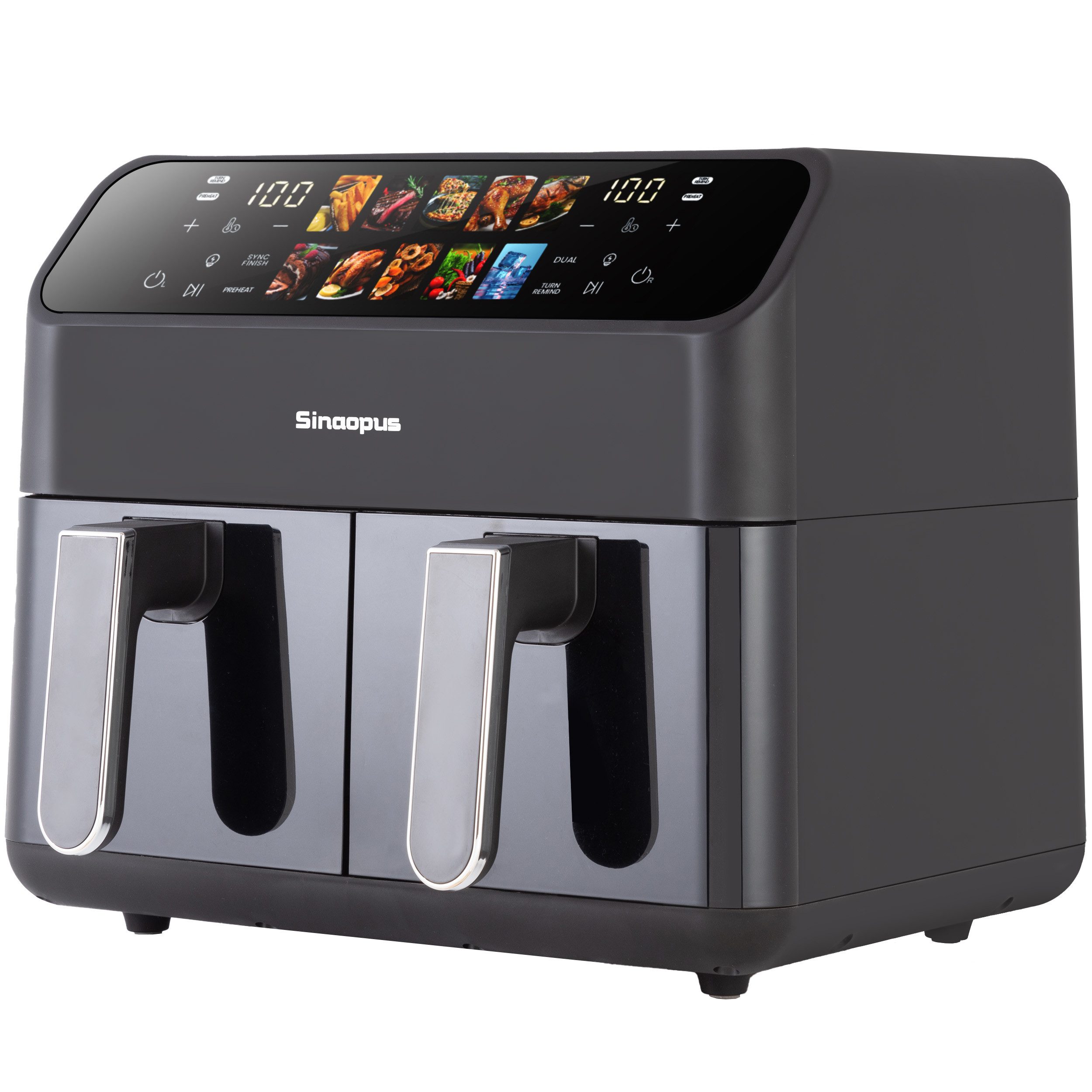 Sinaopus Heißluftfritteuse Doppelkammer 9 L Airfryer mit Sichtfenster & Farbdisplay – XXL, 2000,00 W, 9 L Kapazität, 10 Automatikprogrammen und intuitiver Touch-Steuerung