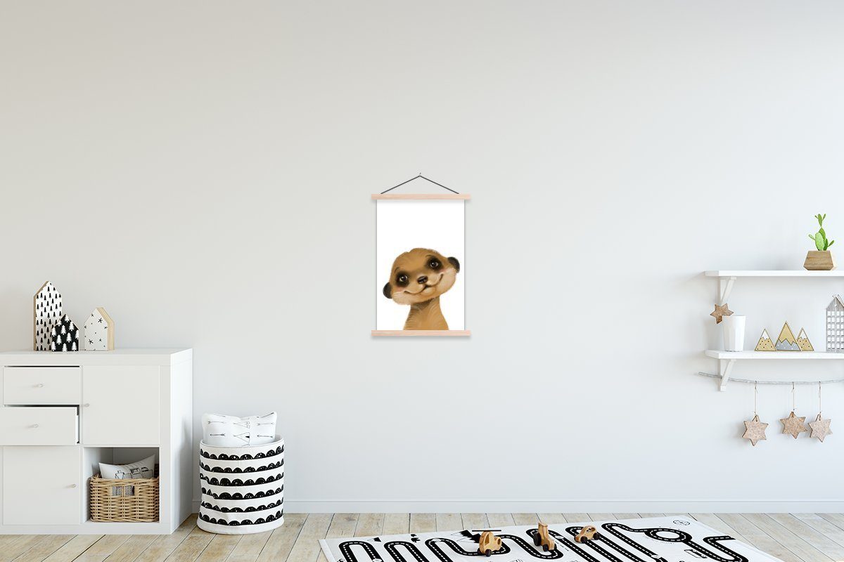 MuchoWow Poster Erdmännchen - Porträt - Weiß, (1 St), Posterleiste, Textilposter für Wohnzimmer, Bilderleiste, Magnetisch