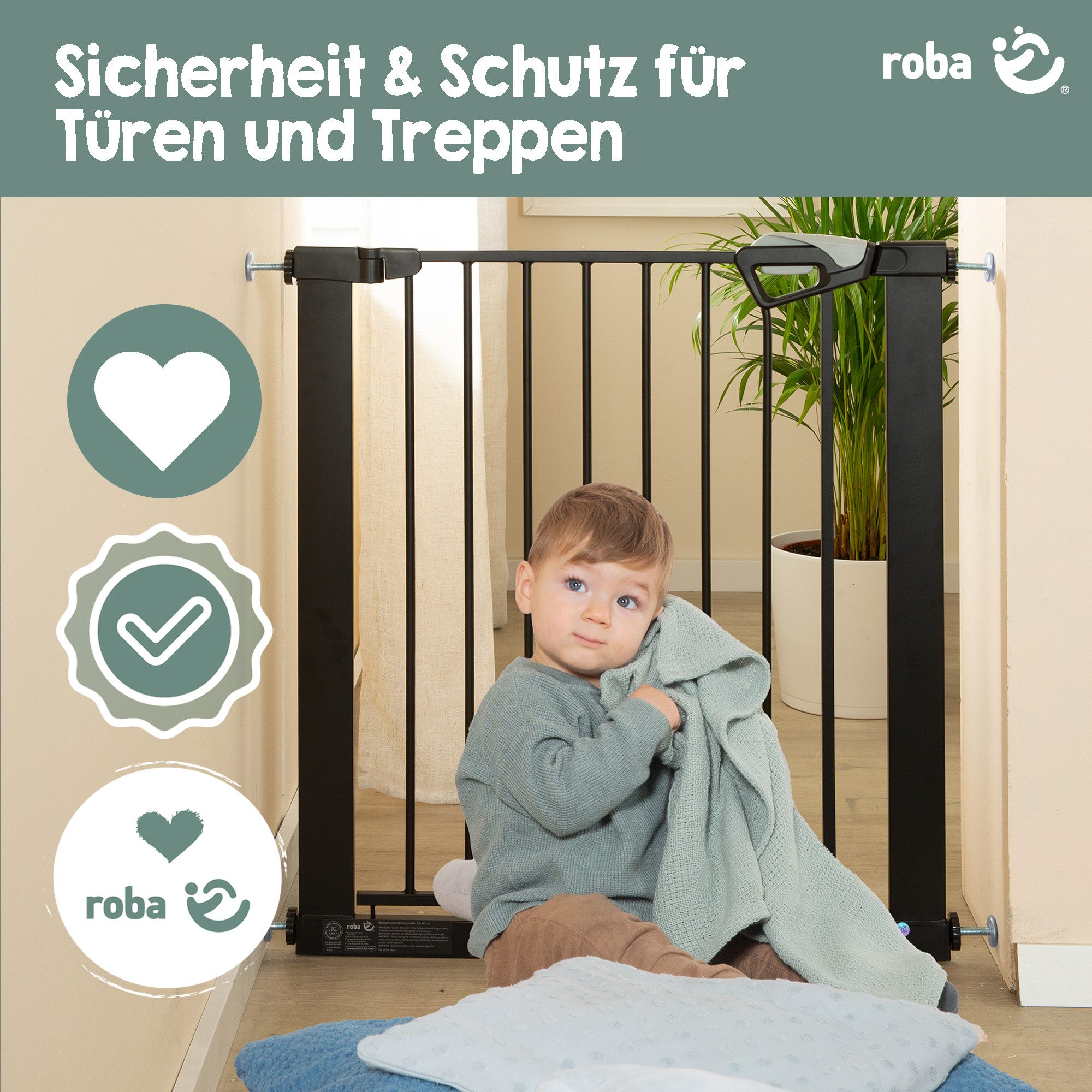 roba® Türschutzgitter easySafe+ Tür- & Treppenschutzgitter Metall - Verstellbreite 75-82 cm, TÜV-geprüft - Ampelverschluss 90°-Stopp - Bohrfrei - Von 0-24 Monaten
