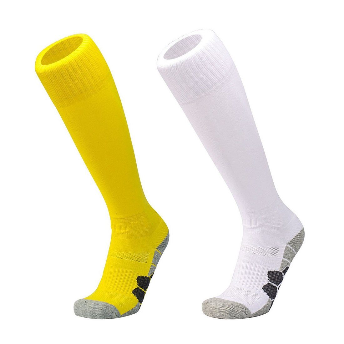 DEBAIJIA Fußball Stutzenstrümpfe Unisex Fußballsocken Sportsocken Knie Lang Atmungsaktiv 2 Paare - Gelb/Weiß