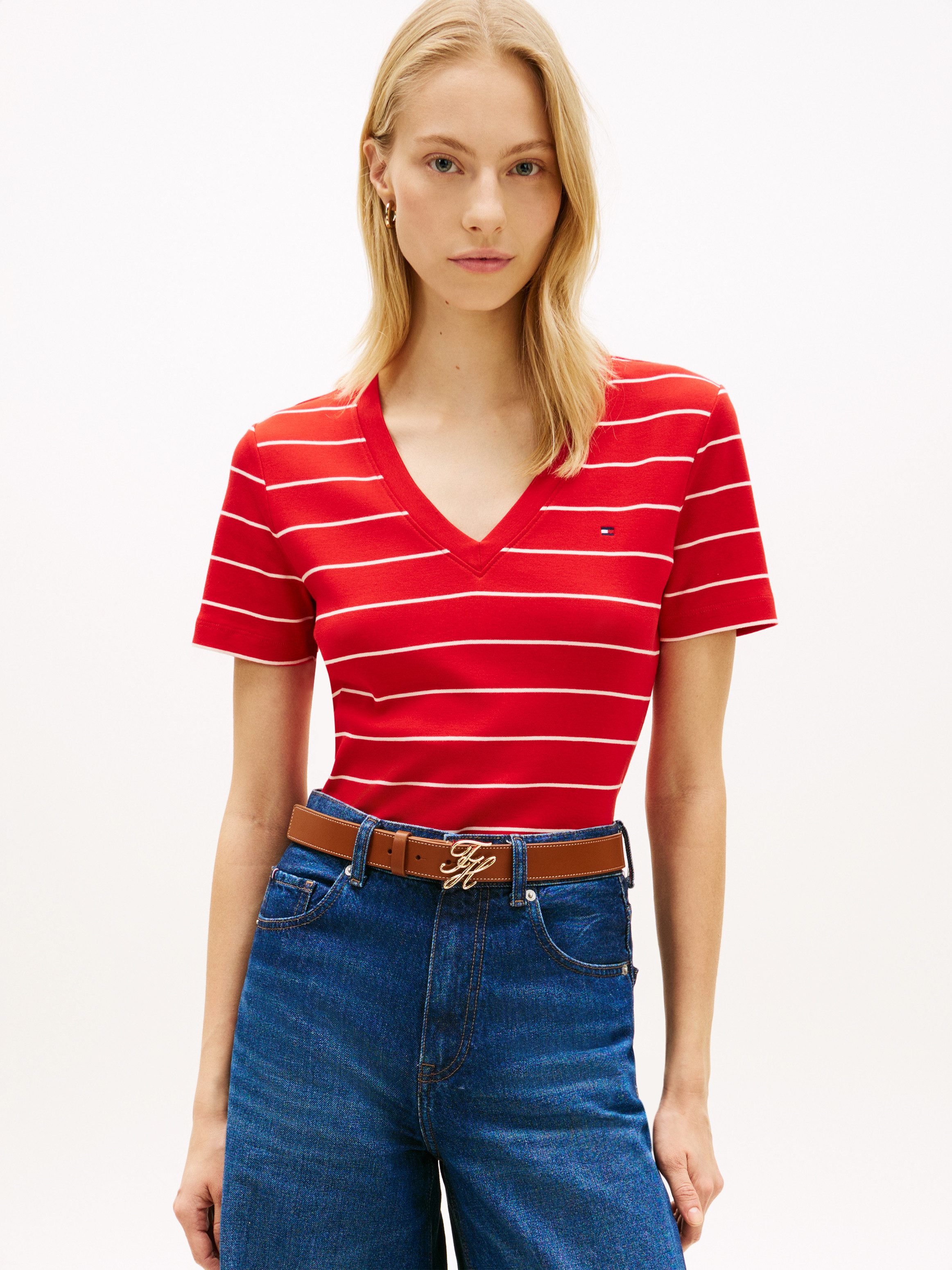 Tommy Hilfiger T-Shirt SLIM CODY V-NECK SHORT SLEEVE aus Baumwolle, Logostickerei, gestreift
