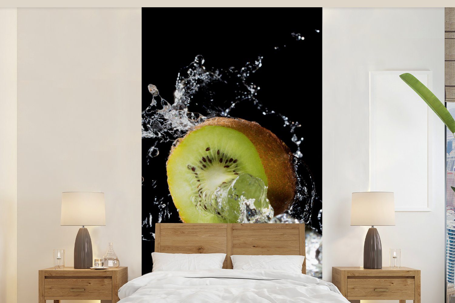 MuchoWow Fototapete Kiwi - Obst - Stillleben - Wasser - Schwarz, Matt, bedruckt, (2 St), Vliestapete für Wohnzimmer Schlafzimmer Küche, Fototapete
