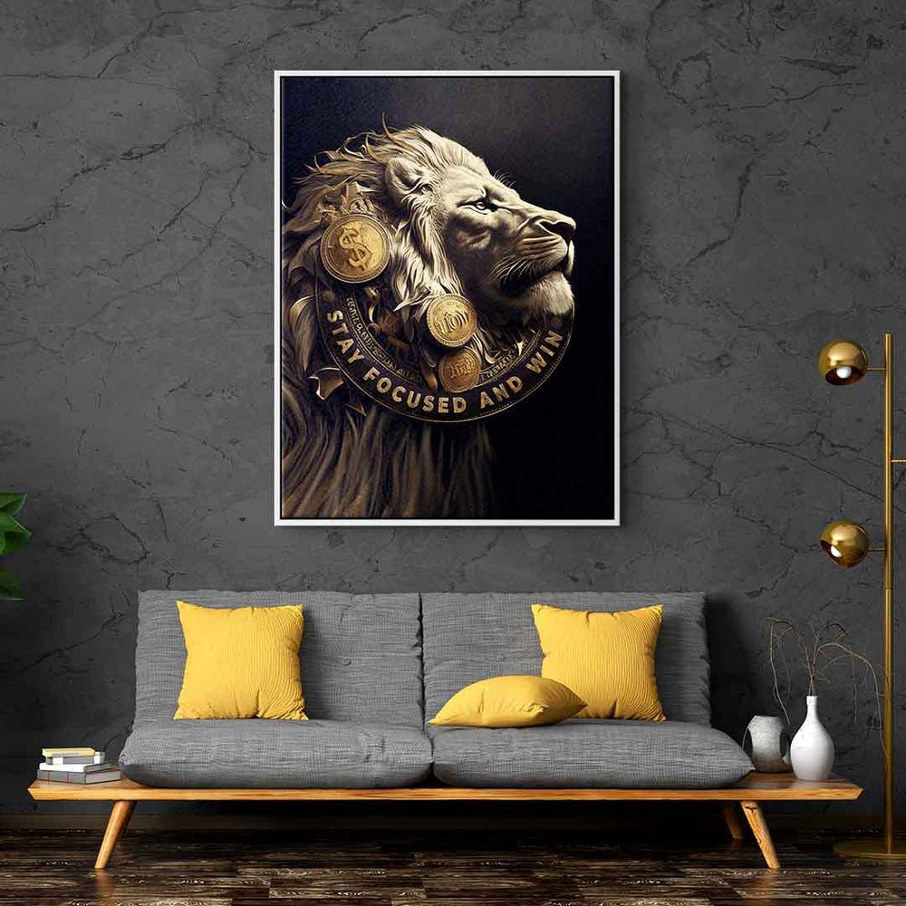 DOTCOMCANVAS® Leinwandbild, Premium Motivationsbild - and schwarzer Stay Lion Focused - - Win Rahmen Money