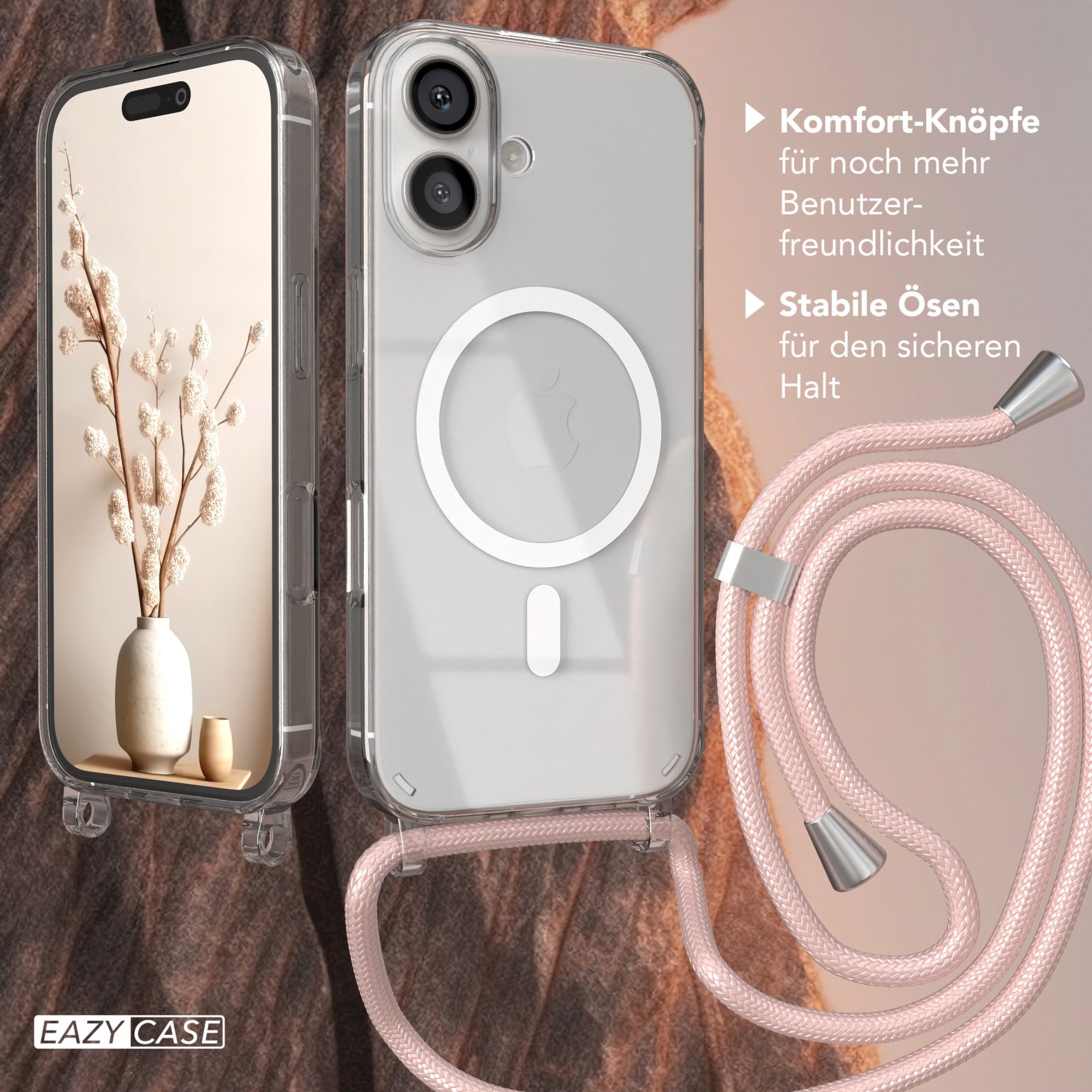 EAZY CASE Handykette mit Magsafe Hülle für Apple iPhone 16 6,1 Zoll, Kettenhülle zum Umhängen Tasche Cross Bag Cover Handykordel Rosegold