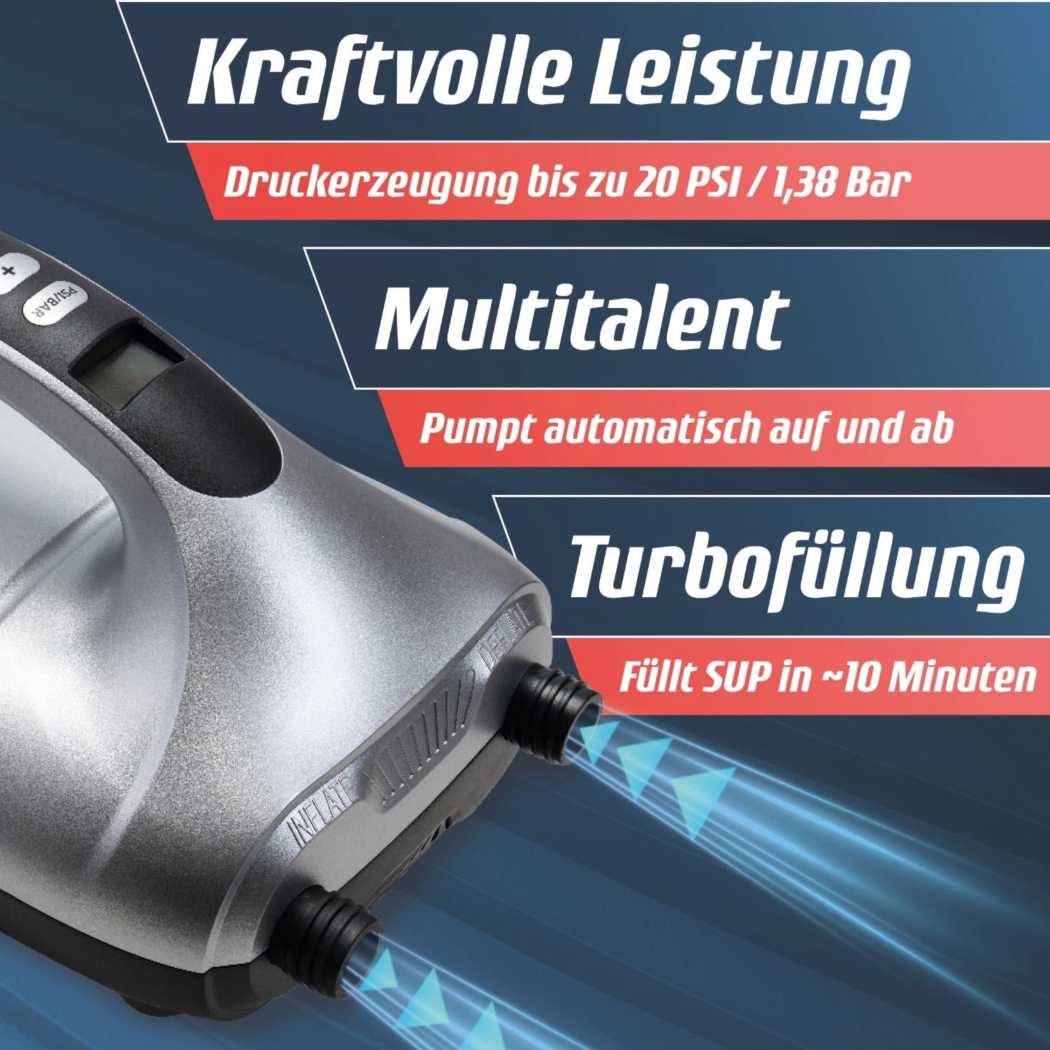 Fitleap SUP-Pumpe Elektrisch 20 PSI, Elektrische Pumpe für SUP Board, 12V Pumpe, 2-in-1…, Robustes Material, Komplettes SUP-Set, stabil, Leicht transportierbar
