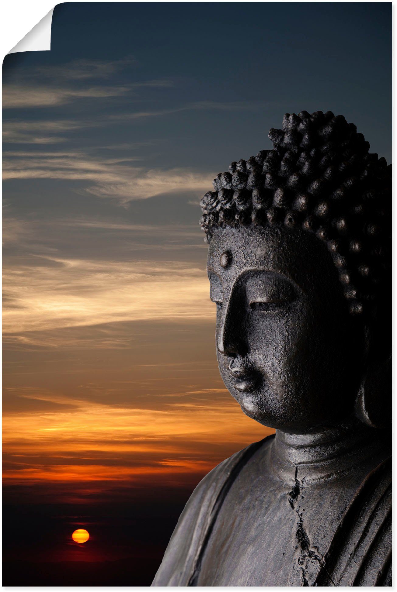 Größen versch. Leinwandbild, Sonnenuntergang, Wandaufkleber St), als Buddhismus Poster Artland (1 Statue Wandbild in Alubild, Buddha vor oder