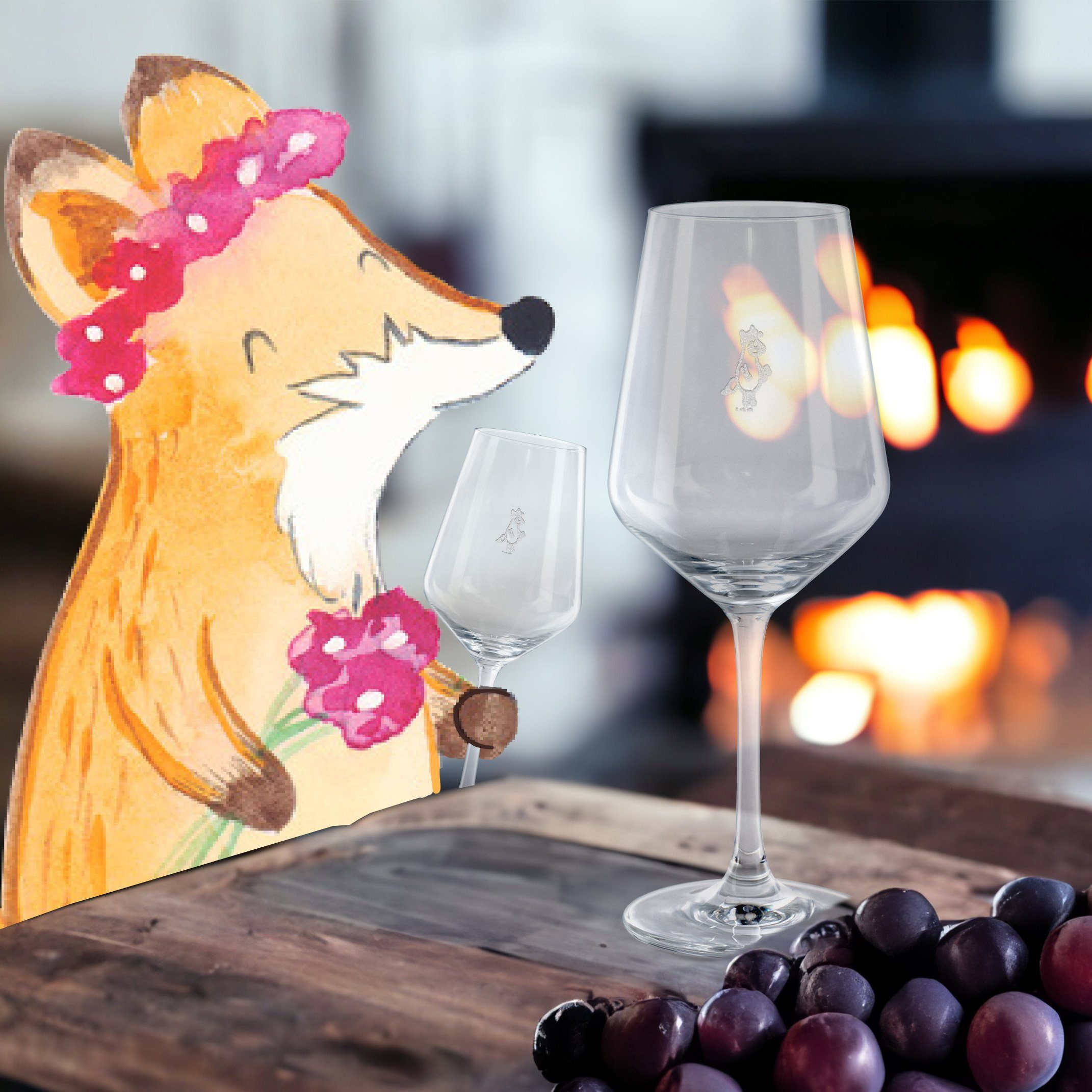 Mr. & Mrs. Rotwein Fuchs Glas Glas - Geschenk, - Glas, Premium Rotweinglas, Blumenliebe Transparent Panda
