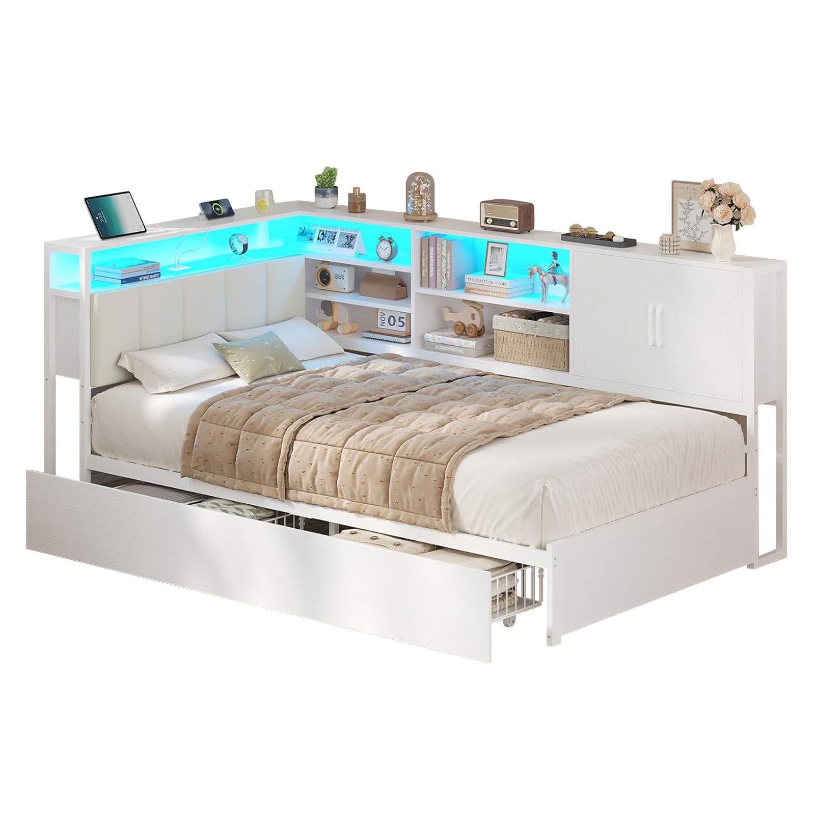KIMENICH Daybett Tagesbett mit LED-Beleuchtung, USB-Ladestation und 2 Schubladen (1 tlg), Jugendbett Polsterbett mit Lattenrost aus Metall, 90x200cm