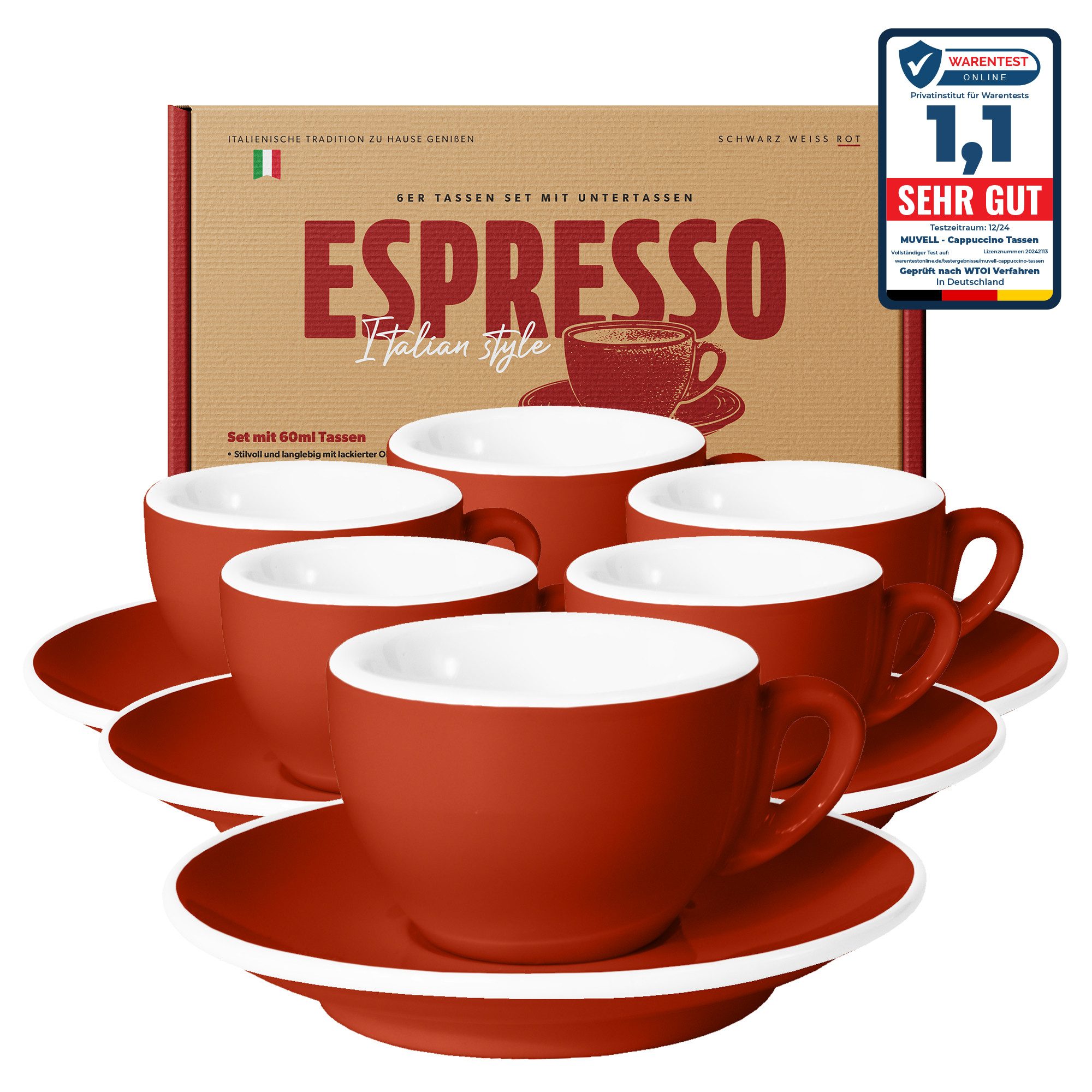 MUVELL Espressotasse Чашки для эспрессо Set 6 Чашки & Untertassen 0,8 cm dickwandig, Keramik, 60 ml rot