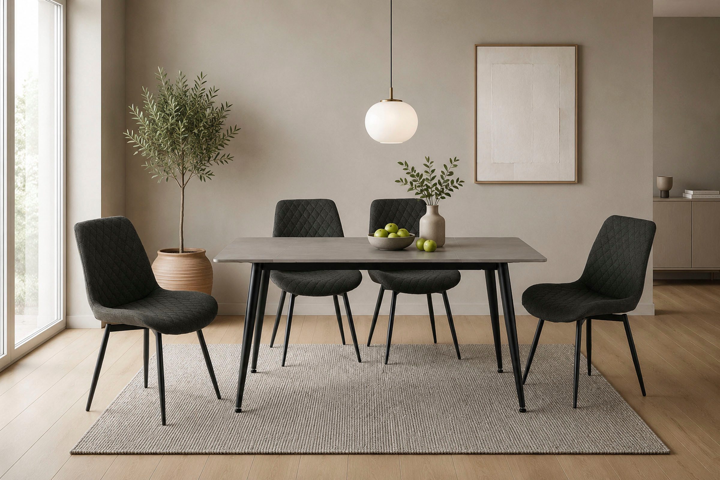 OTTO home Essgruppe Juniper, Set, 5-tlg., (Set, 5-tlg., 4 Stühle + 1 Esstisch), Tisch 140x80cm in Sinterstein-Keramikoptik mit 4 Stühlen, 360° drehbar