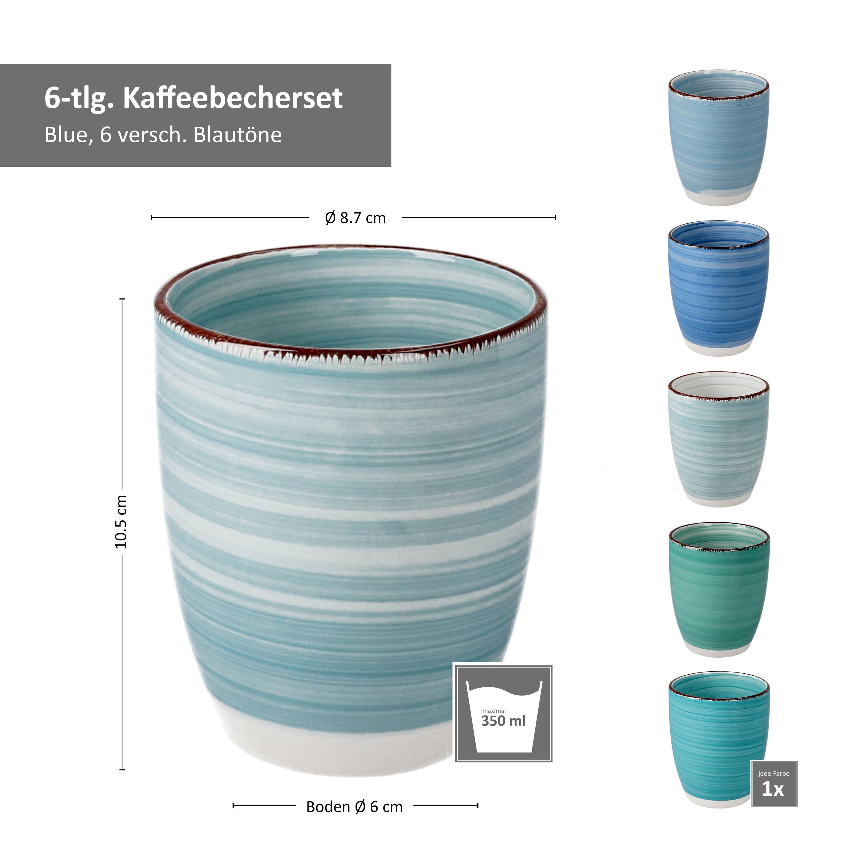 MamboCat Becher 6er Kaffeebecher Set Blue 300ml ohne Henkel Trinkbecher Tee Pott, Steingut