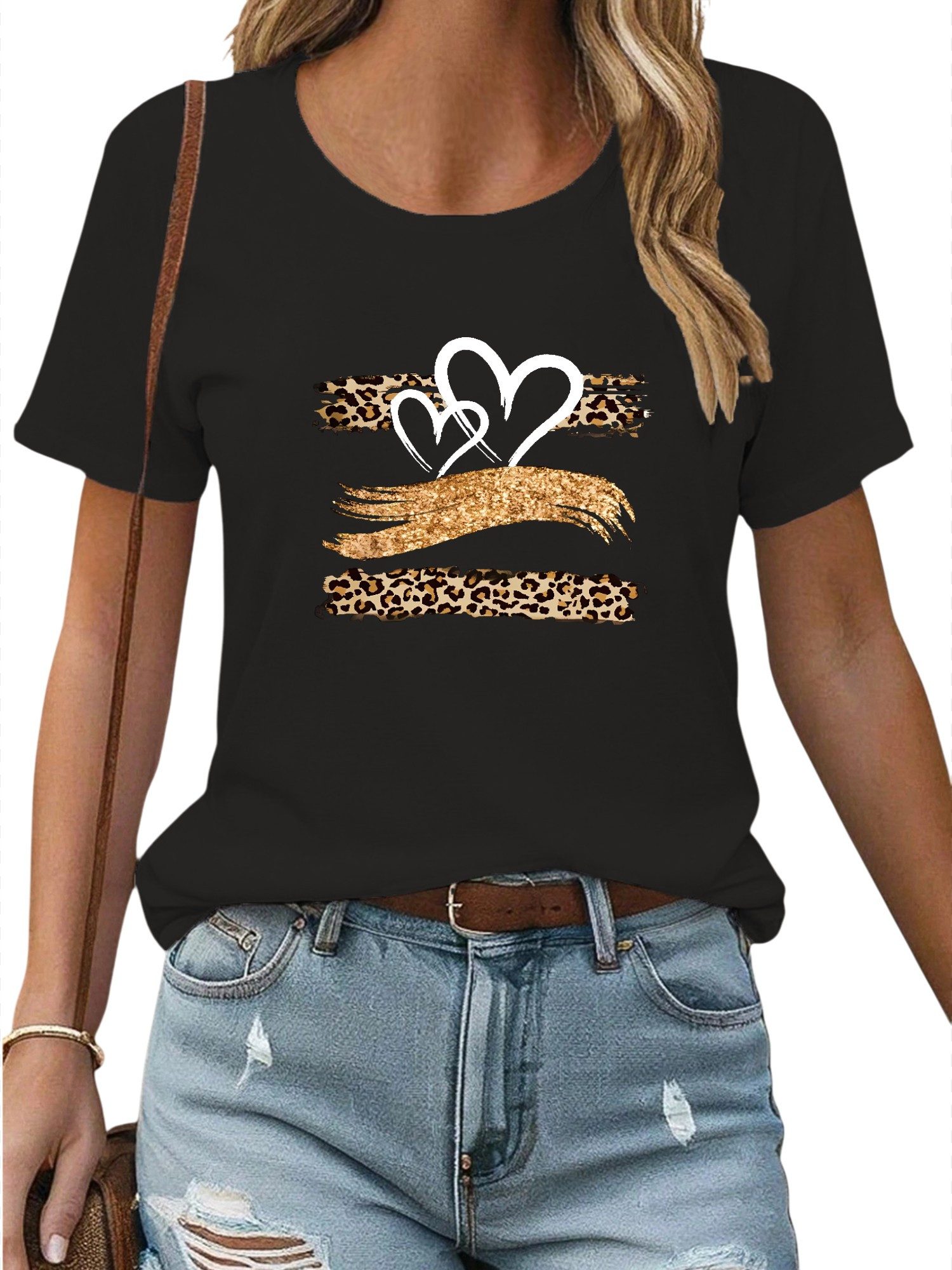 PYLIKE Kurzarmbluse Damen Sommer Bequemes T-Shirt mit Leopardenmuster-Herz günstig online kaufen