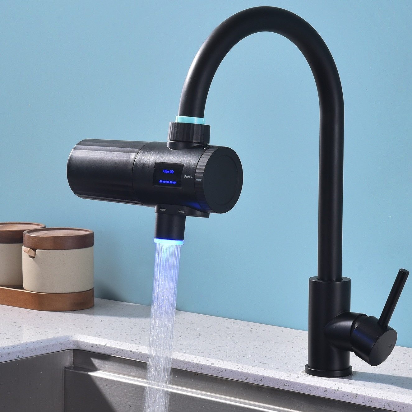 HOMELIVE Wasserhahnfilter Wasserfilter für Trinkwasser mit UV-Licht und LED-Anzeige, Zubehör für Waschtischarmaturen, Küchenarmaturen, Doppelmodus, Aktivkohle,Schwarz