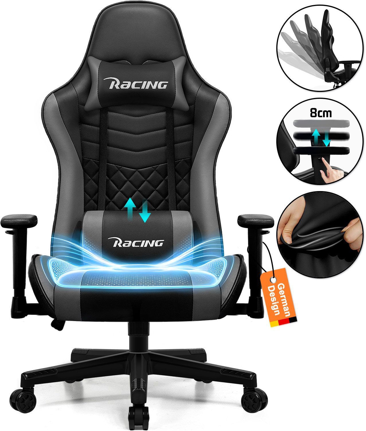 Hiazurm Gaming-Stuhl Gaming Stuhl, Bürostuhl Ergonomisch, Gaming Chair (Ergonomischer Gamer Stuhl mit Wippfunktion, bis 150 kg Belastbarkeit), Gaming Stuhl Bürostuhl mit Verstellbare Armlehnen, Kopfstütze