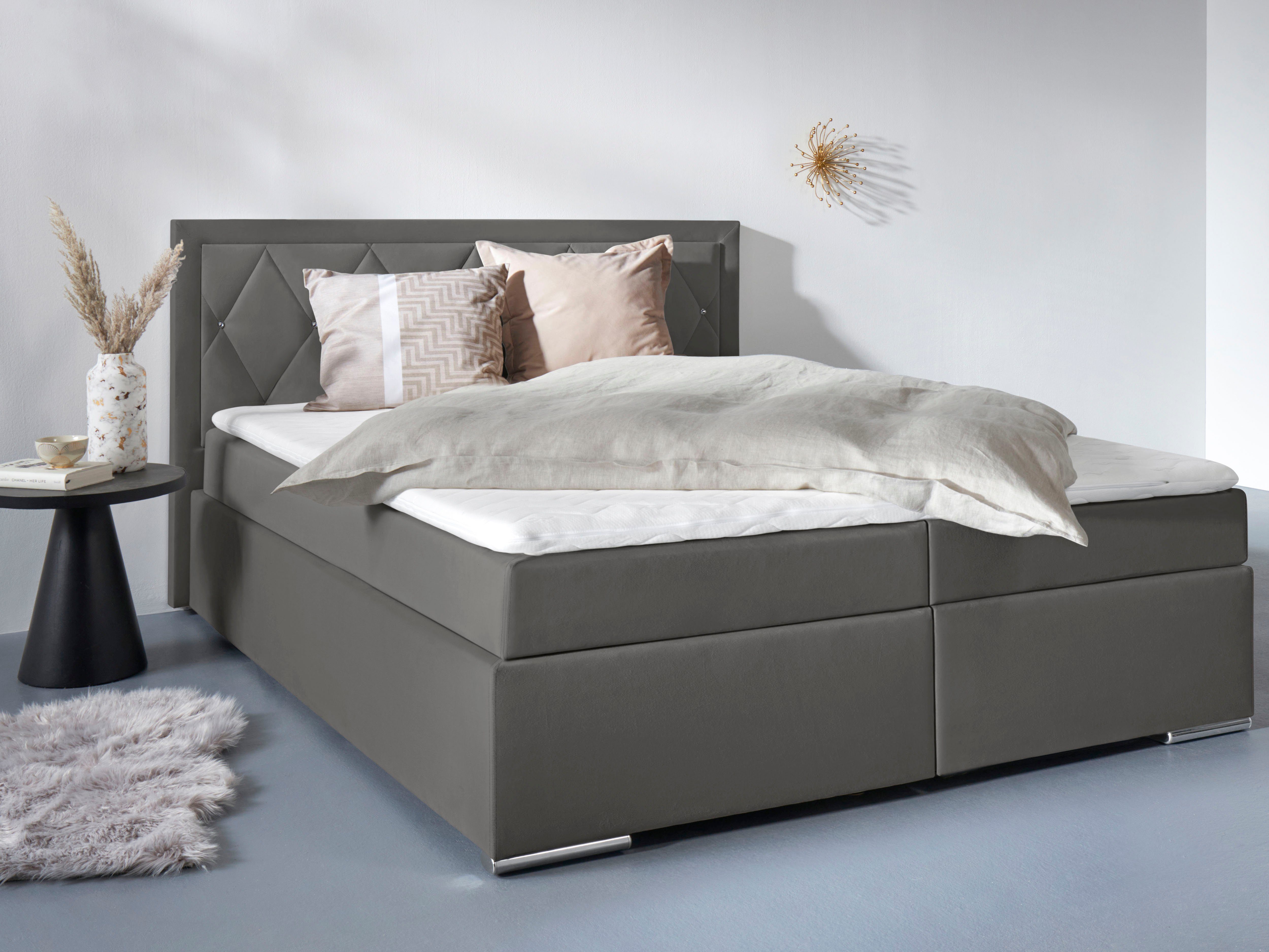 Home affaire Boxbett ALFIE, Polsterbett wahlweise mit Bettkasten, Samtvelours-Bezug (mit PUR-Schaumtopper (H2), Kaltschaumtopper (H3) oder Viscotopper (H4), mit Bonnell-oder Taschenfederkernmatratze H2,H3, H4, 120/140/180x200cm