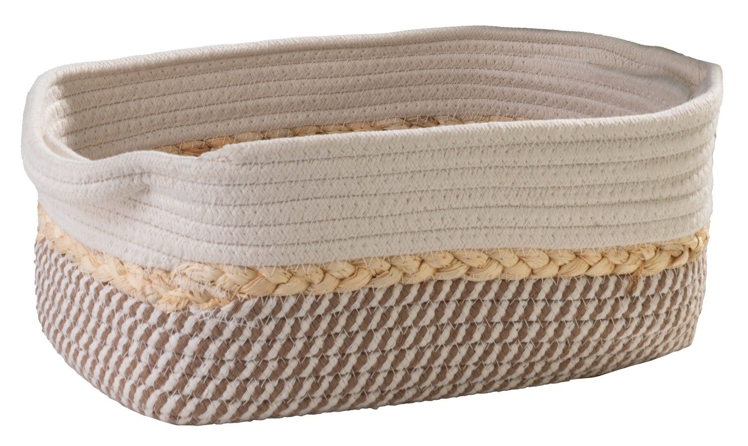Home4You Aufbewahrungskorb, B 33 cm, H 13 cm, T 23 cm, Beige, Weiß, (1 St), Baumwolle, mit Griffen