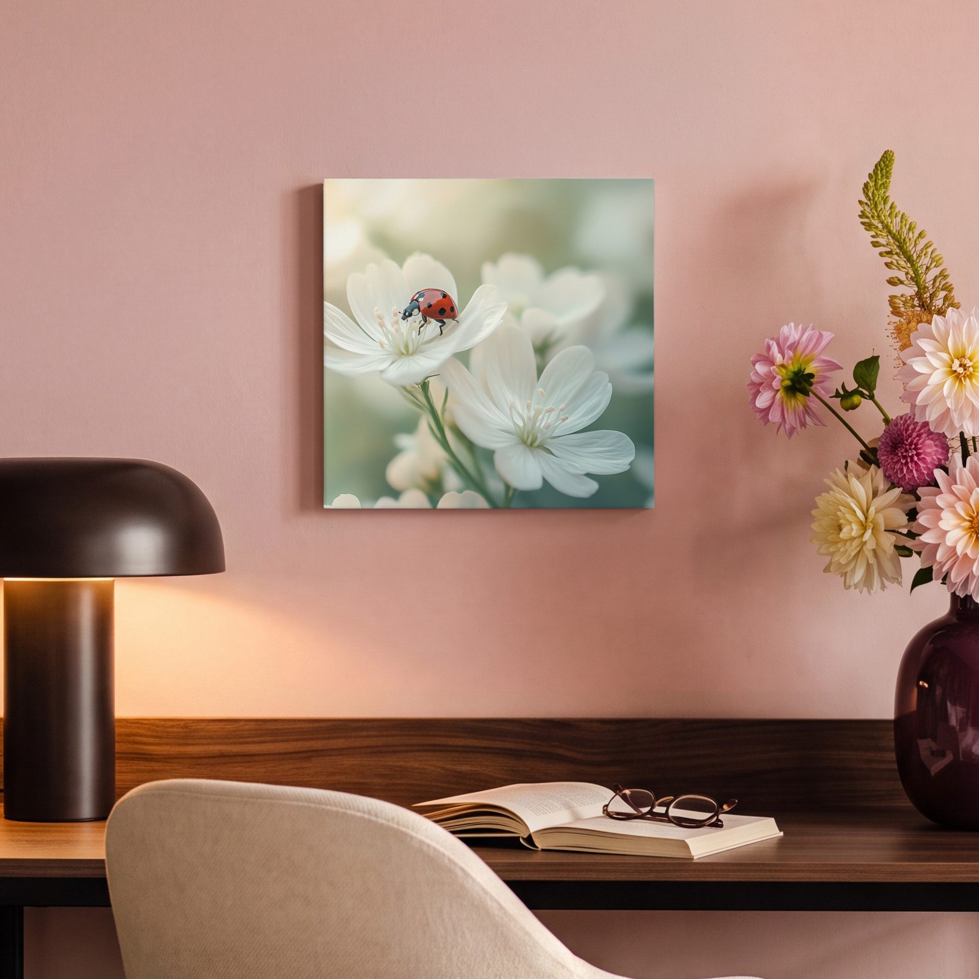 OneMillionCanvasses® Leinwandbild Marienkäfer - Blumen - Weiß, Fotodruck (1 St), Leinwand Bilder Klein, Wand Dekoration Aesthetic 30x20 cm – Bild 4 von 5